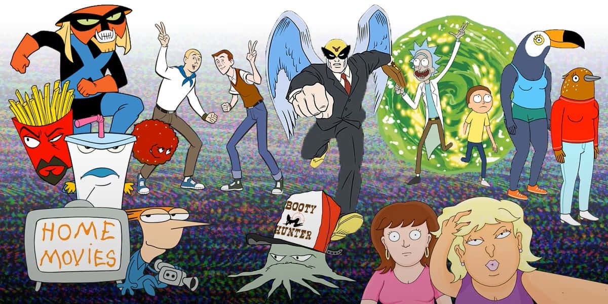 Adult Swim, cartoon characters, glittery psychedelic background, SD Desktop Wallpaper