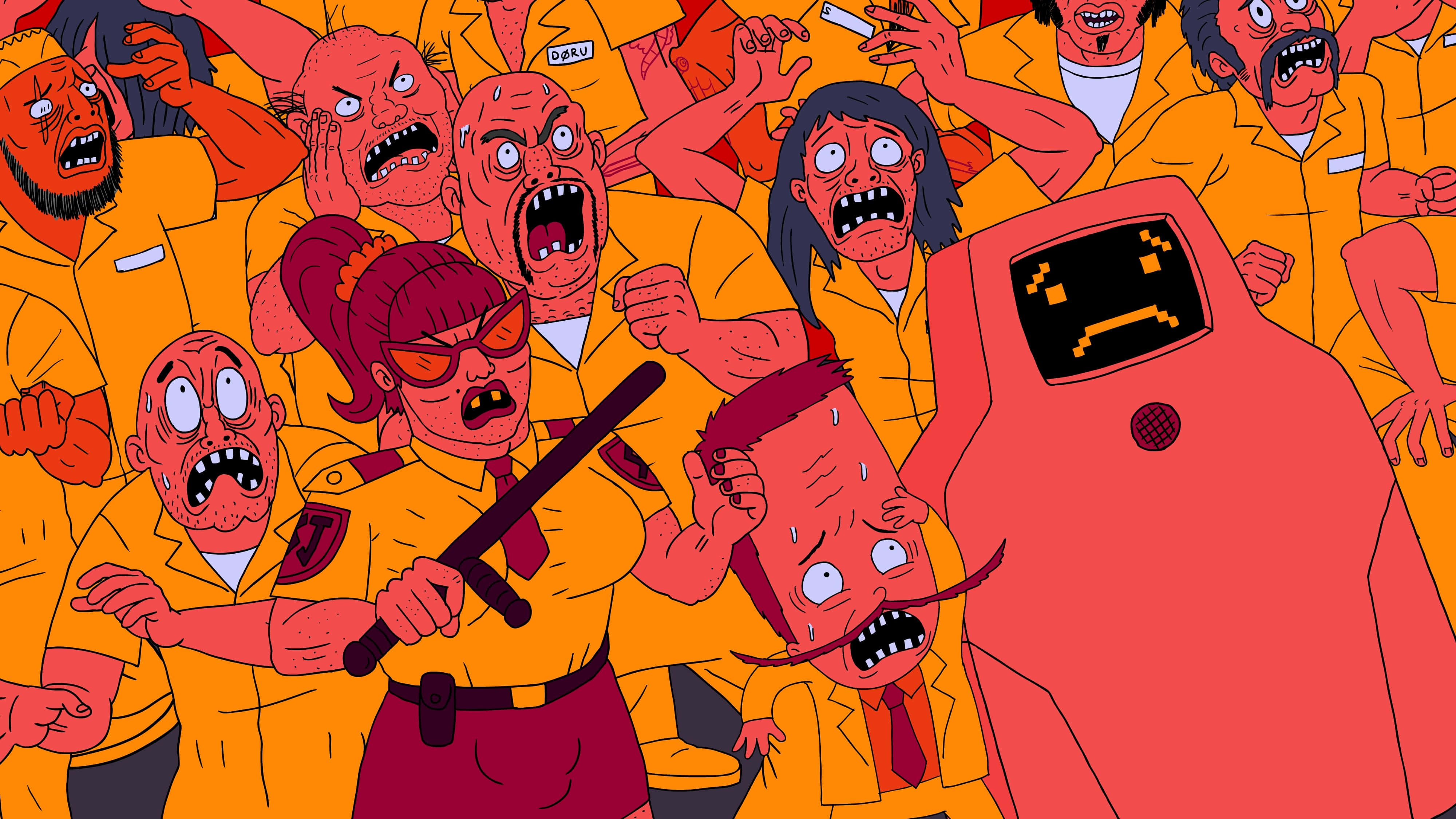 Adult Swim, orange uniforms, red robot, 4K Desktop Wallpaper