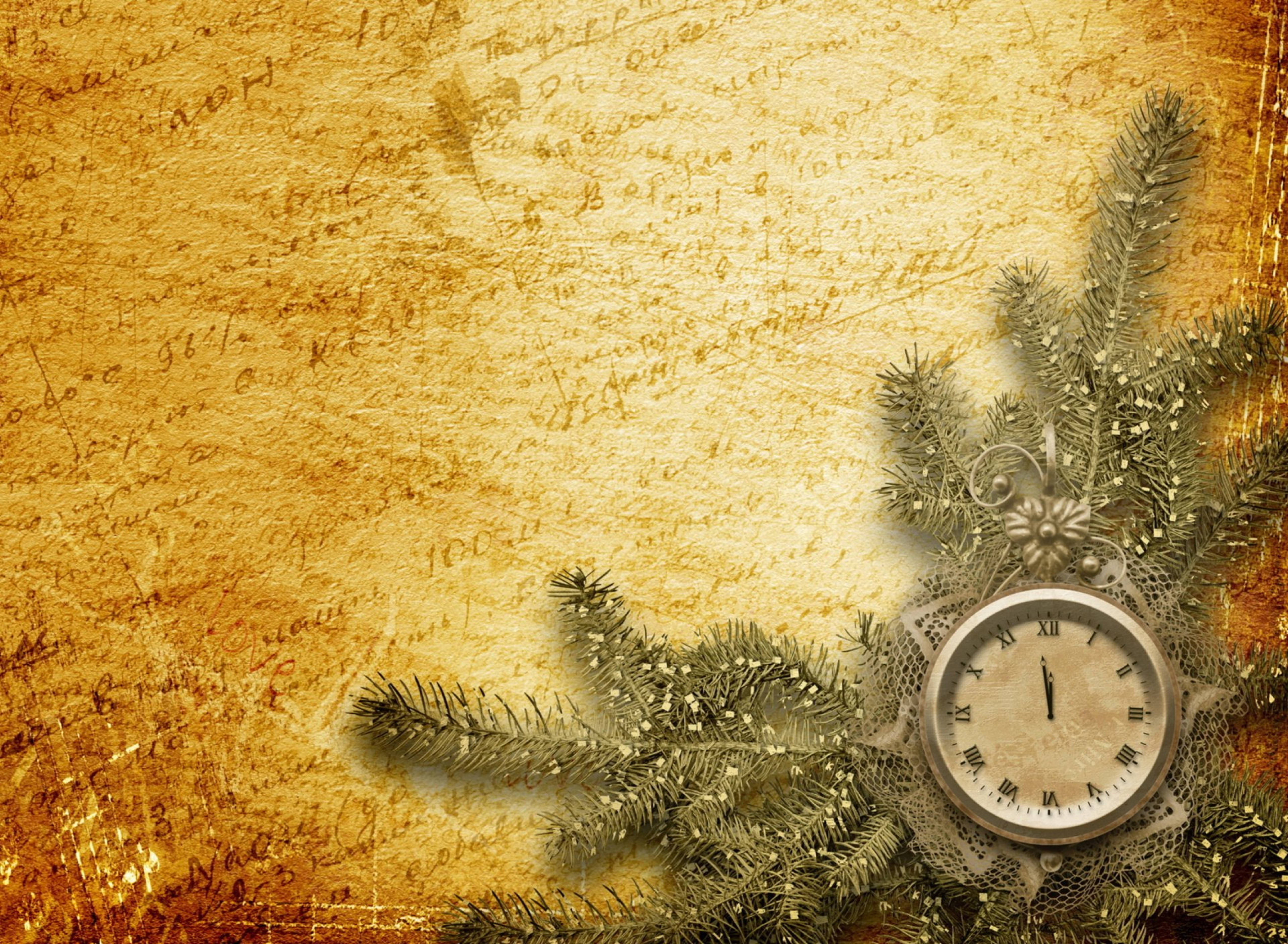 New Year's Eve, antique clock, pine branches, 5K Desktop Wallpaper