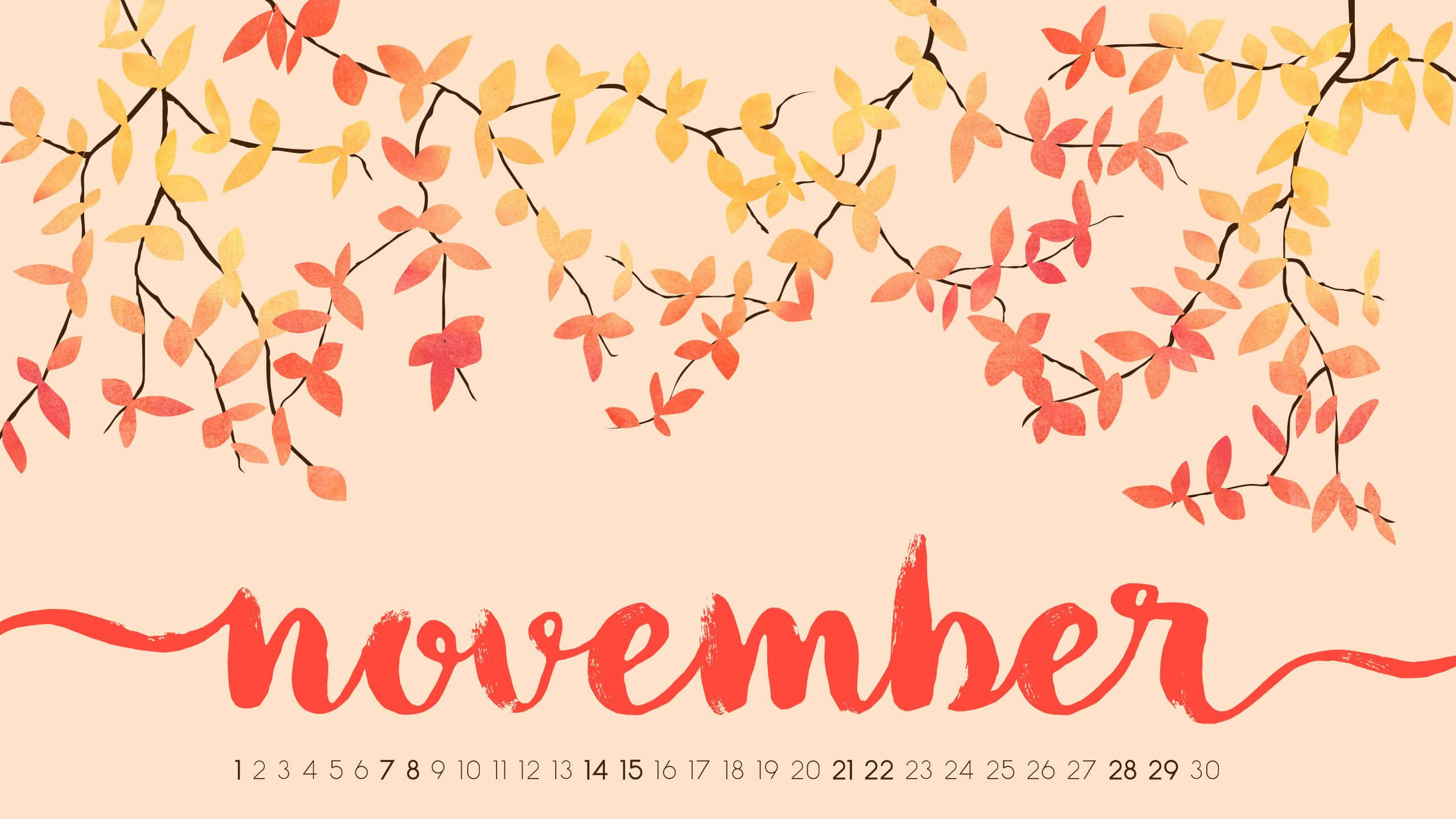 November calendar, autumn leaves, warm orange yellow and red, 2K Desktop Wallpaper