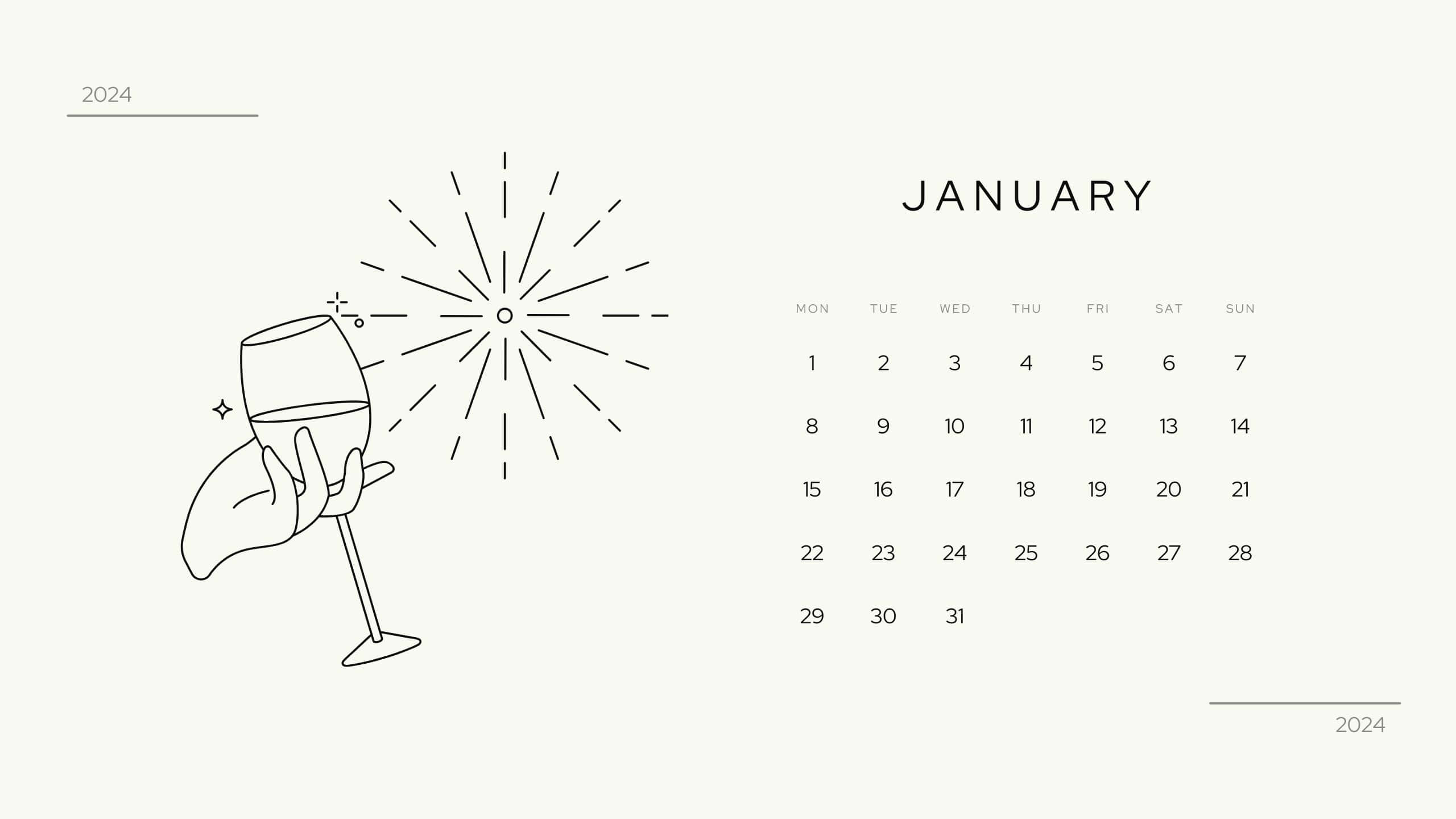 January2024, 2024 January calendar, hand holding a wine glass, 2K Desktop Wallpaper