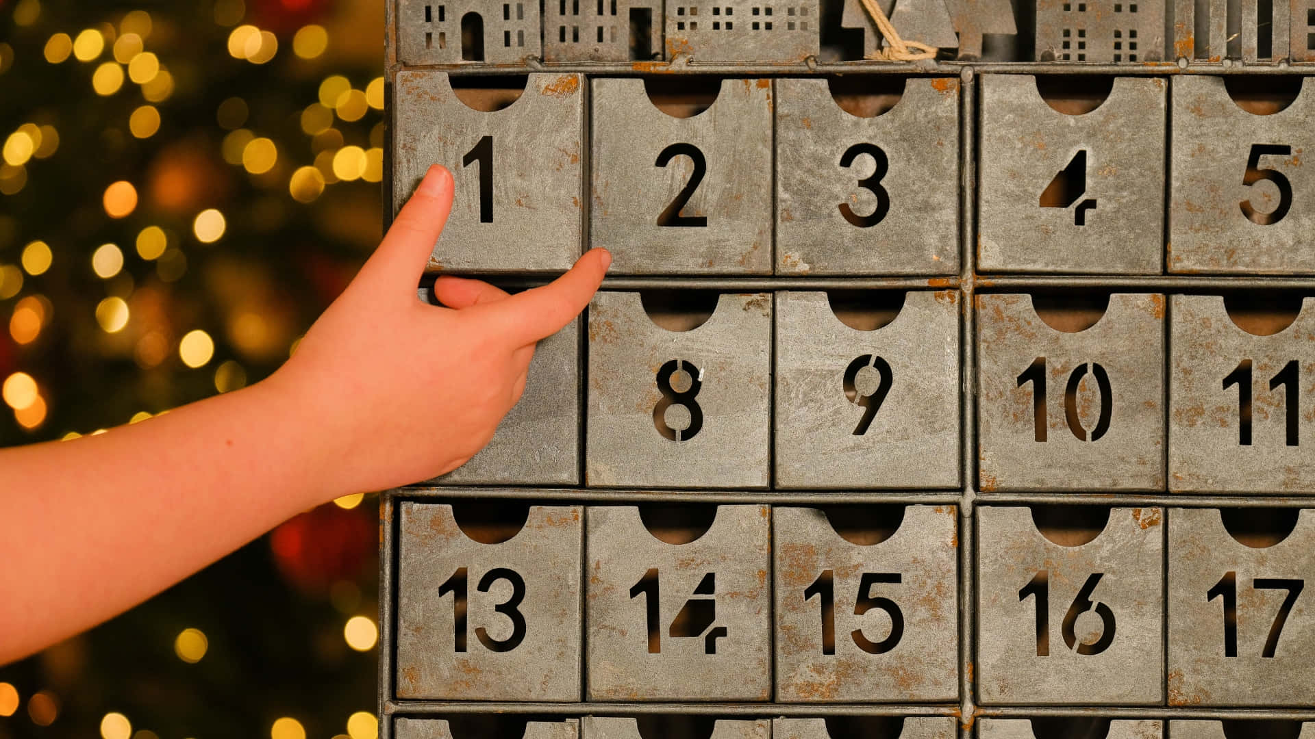 rustic metal advent calendar, drawer number one, glowing golden Christmas lights, Full HD Desktop Wallpaper