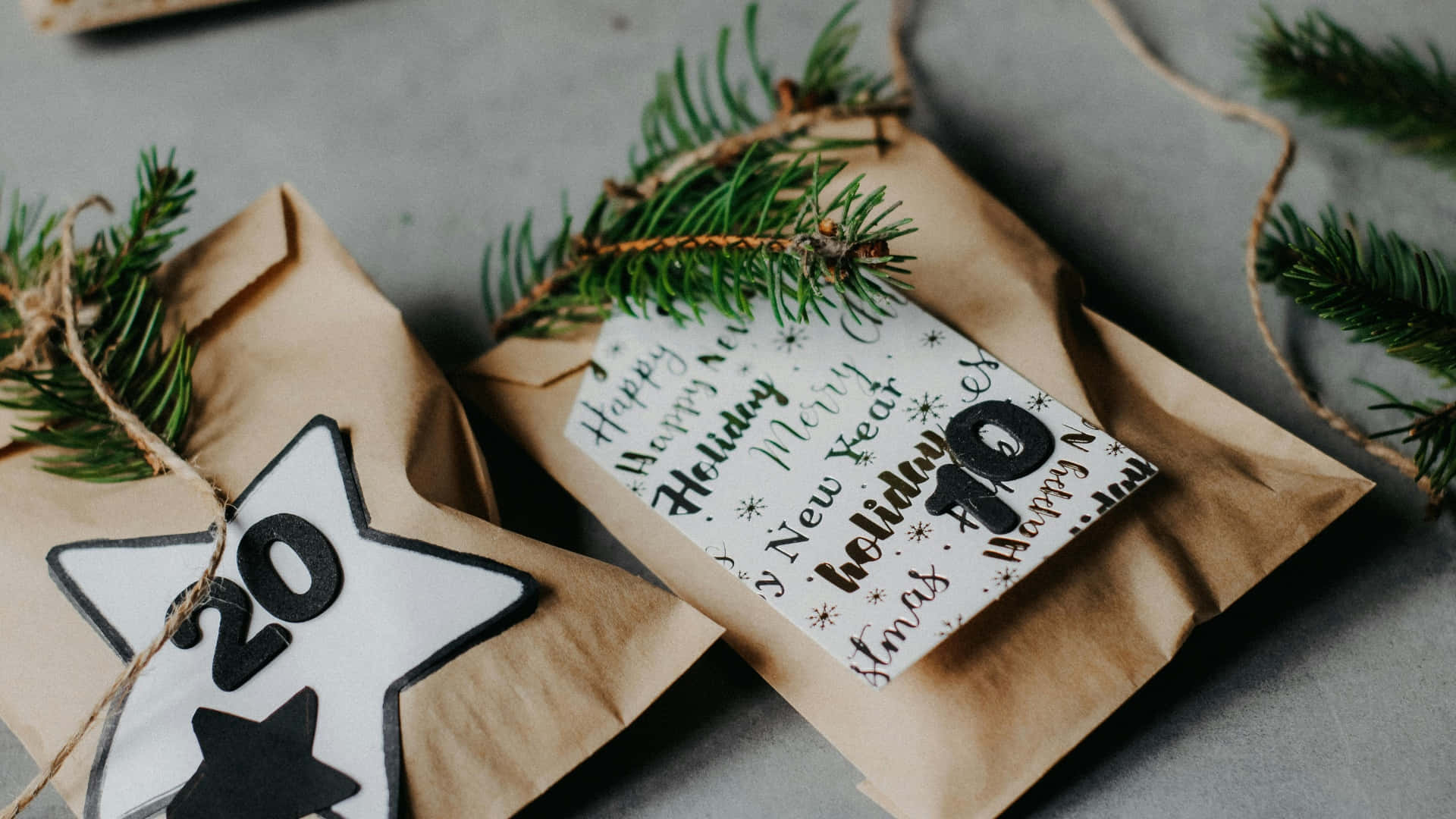 brown paper gift bags, pine sprigs, twine, Full HD Desktop Wallpaper