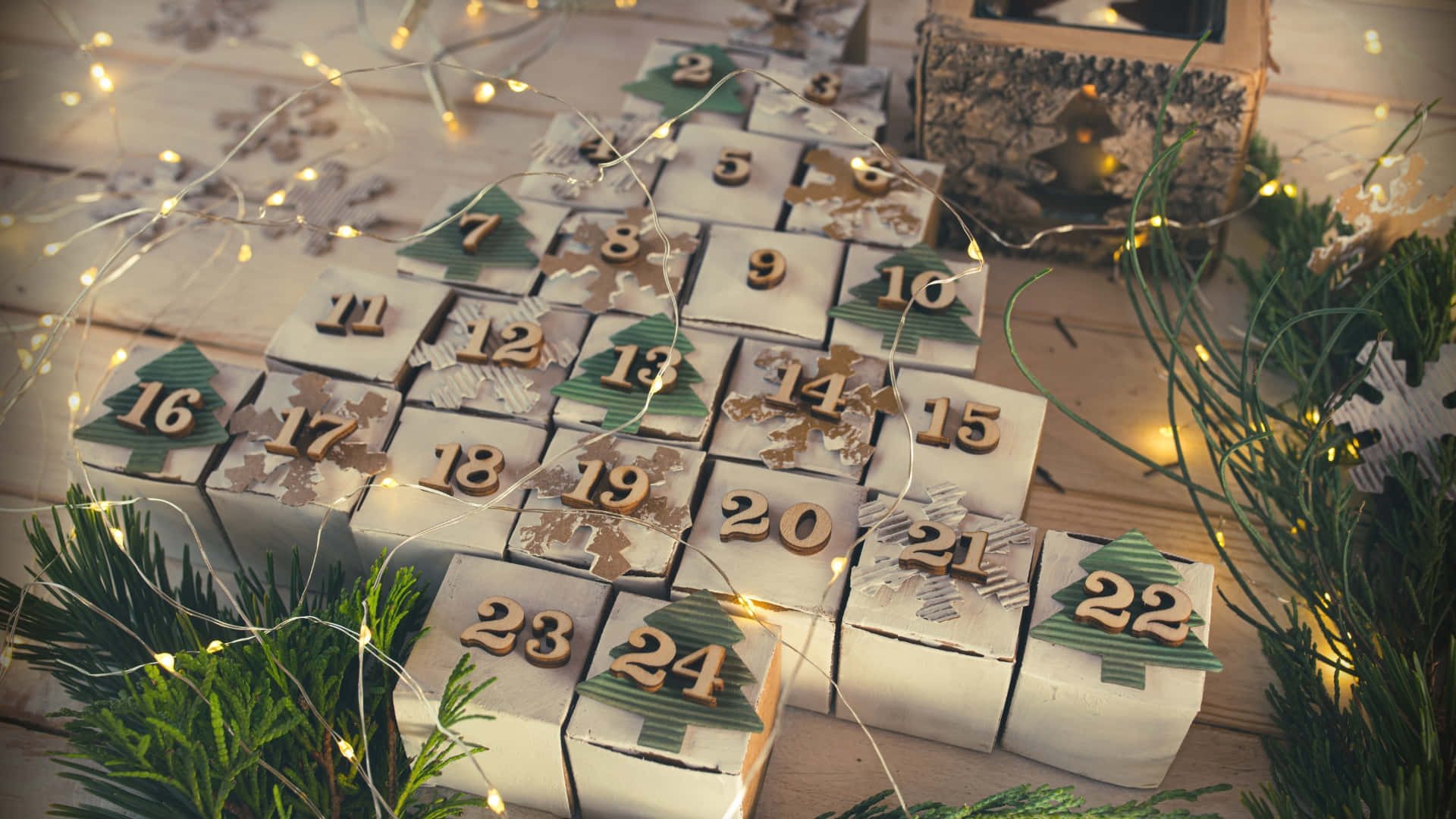 rustic wooden advent calendar, numbered compartments, pine tree decorations, Full HD Desktop Wallpaper