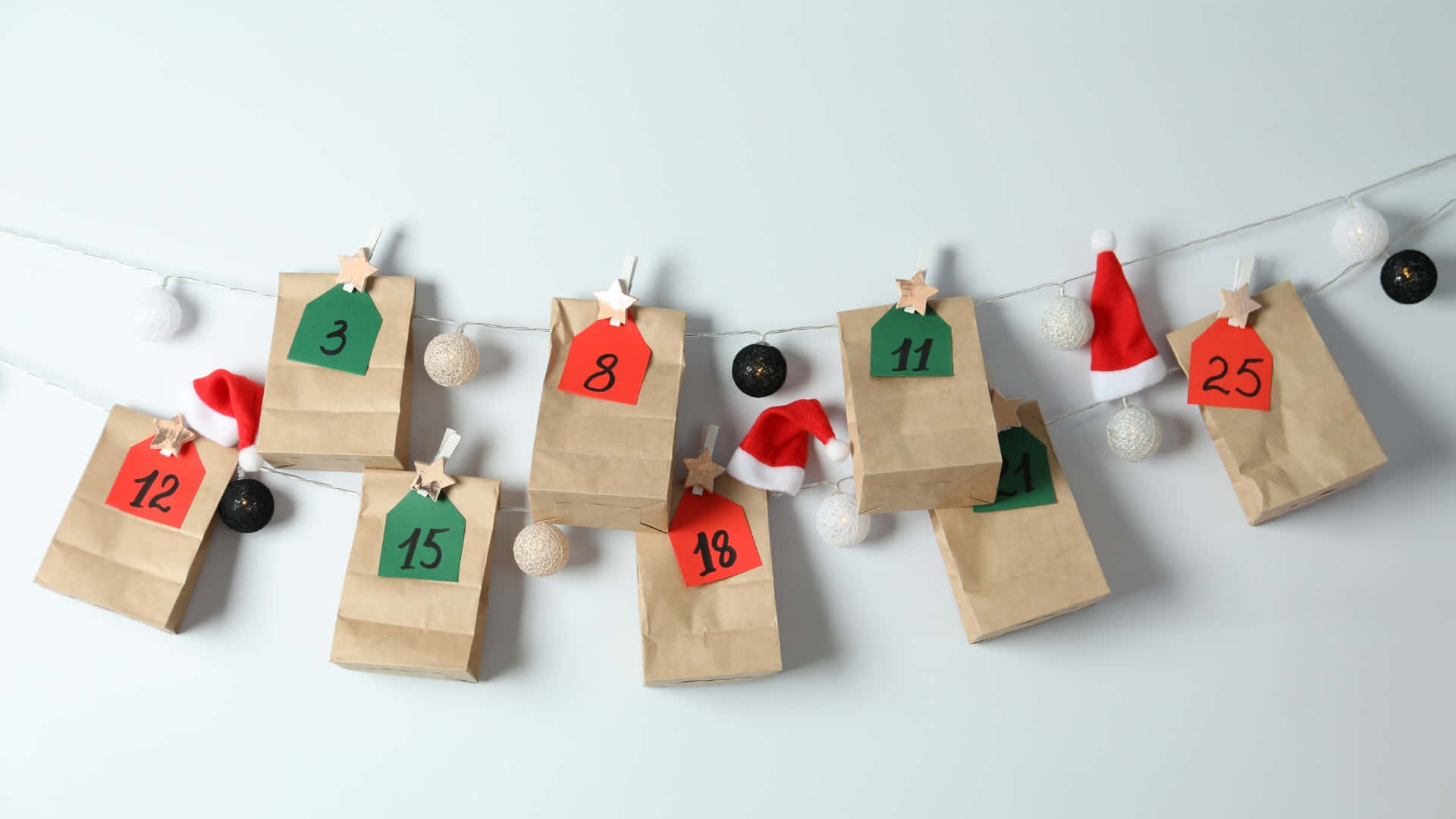 Advent Calendar, brown paper bags, Santa hats, Full HD Desktop Wallpaper