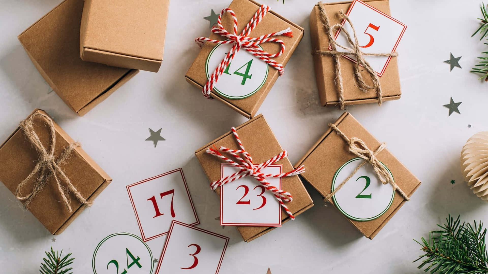 advent calendar gift boxes, brown paper advent calendar boxes, twine, Full HD Desktop Wallpaper