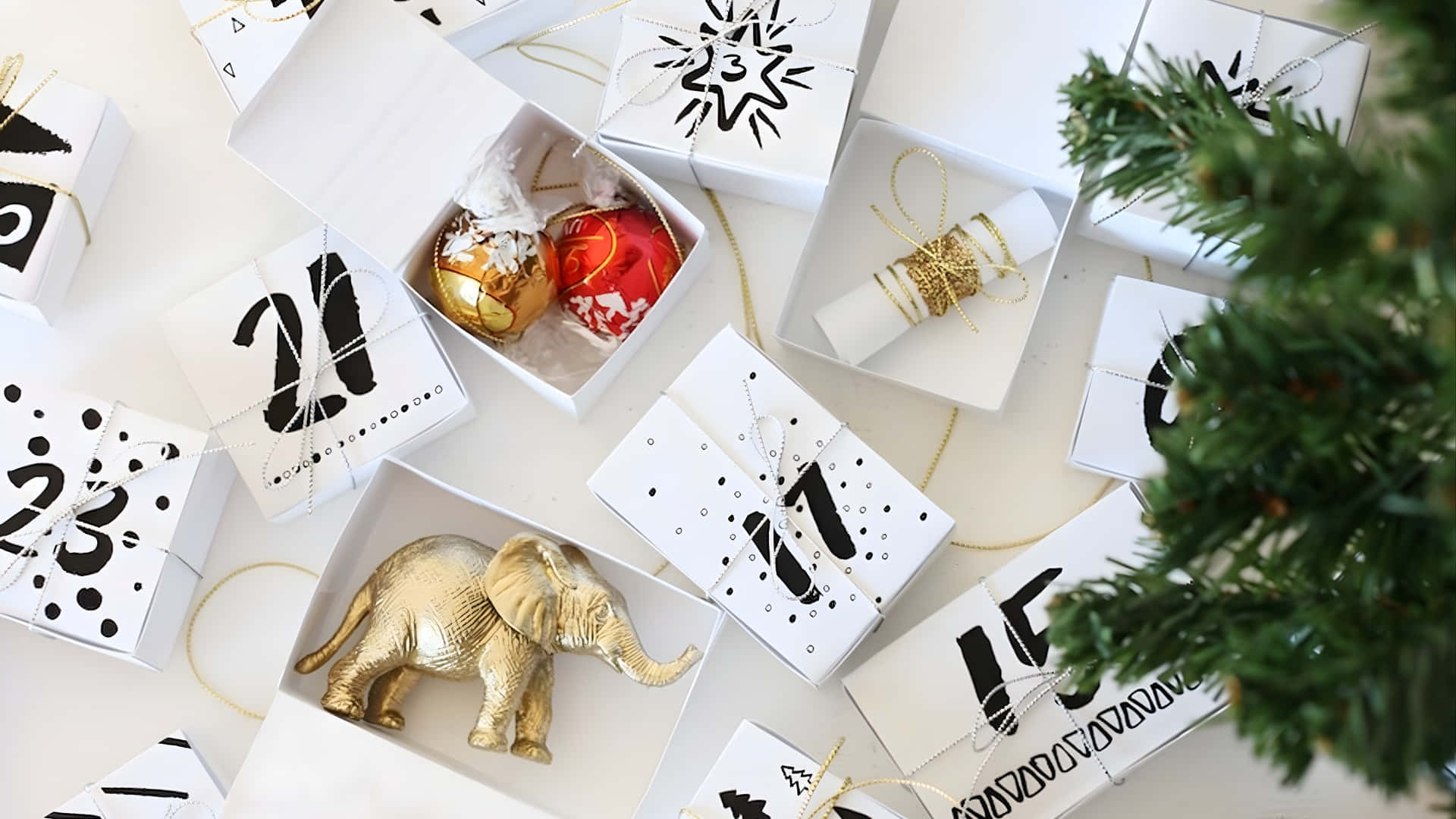 Advent Calendar Gift Boxes, gold and red ornaments, golden elephant, Full HD Desktop Wallpaper