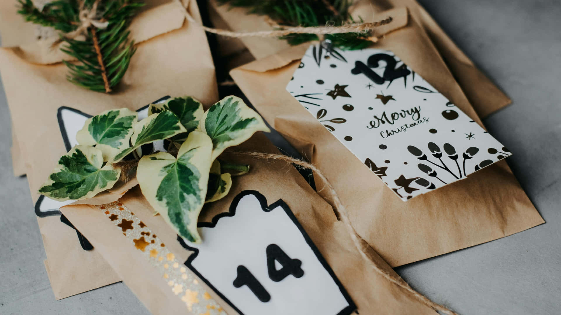 brown paper advent calendar bags, greenery, numbered tags, Full HD Desktop Wallpaper