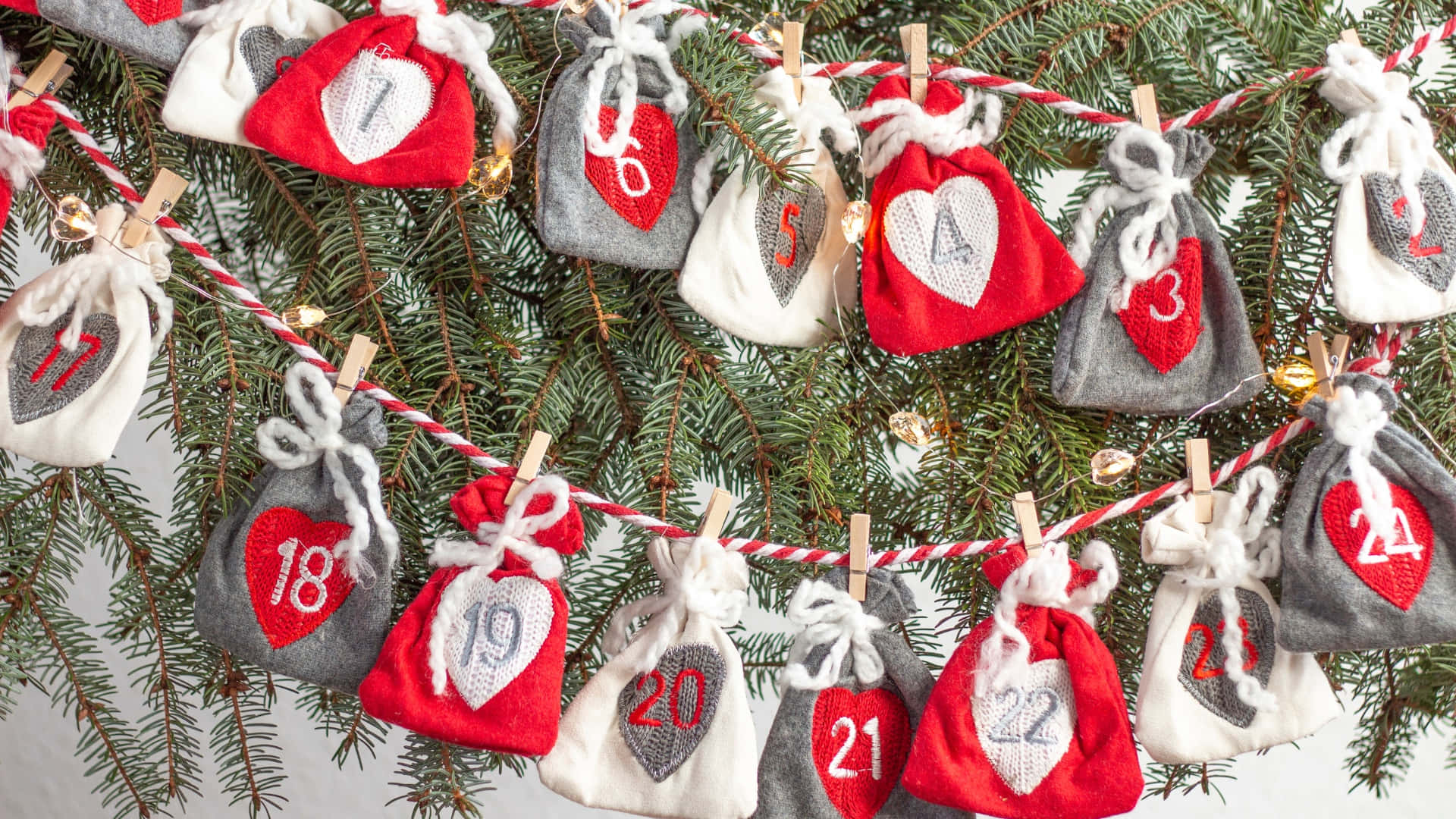 Advent Calendar, red gray and white fabric, numbered one to twenty four, Full HD Desktop Wallpaper