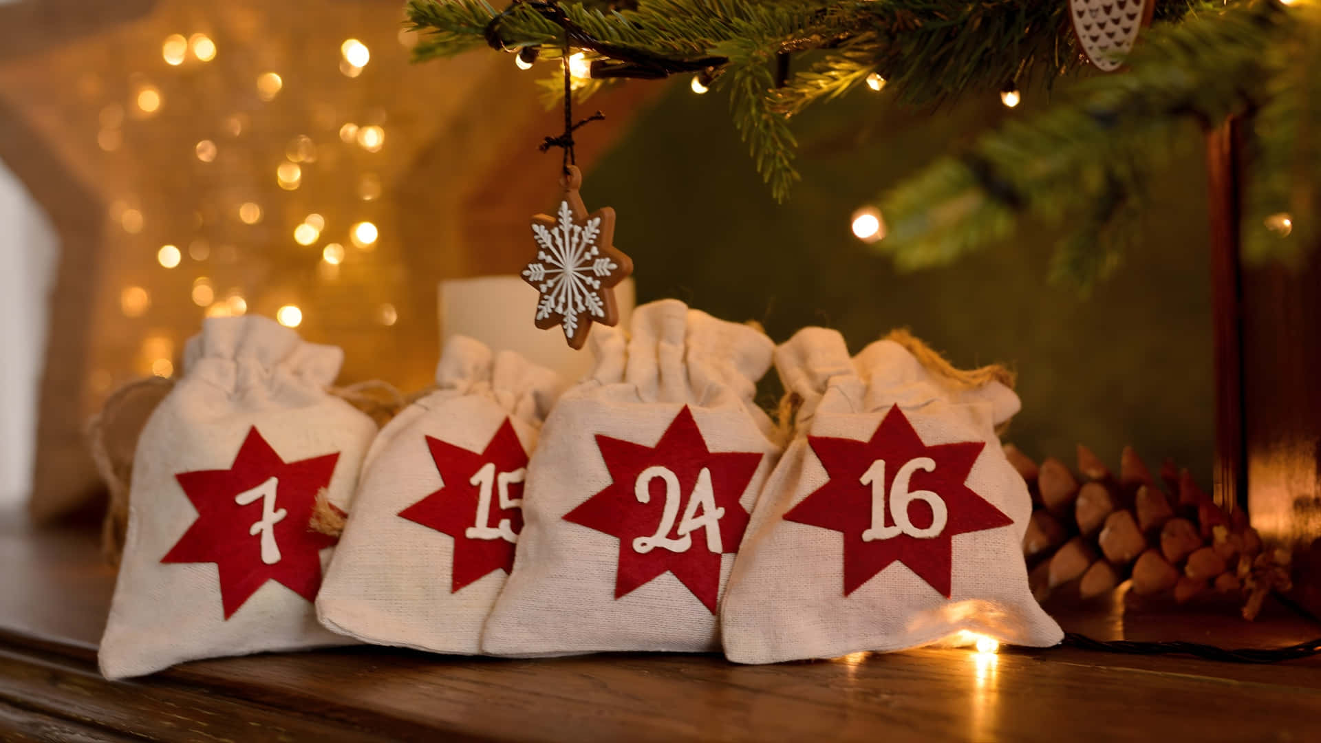 Advent Calendar Countdown Bags, white linen advent sacks, red star numbers, Full HD Desktop Wallpaper