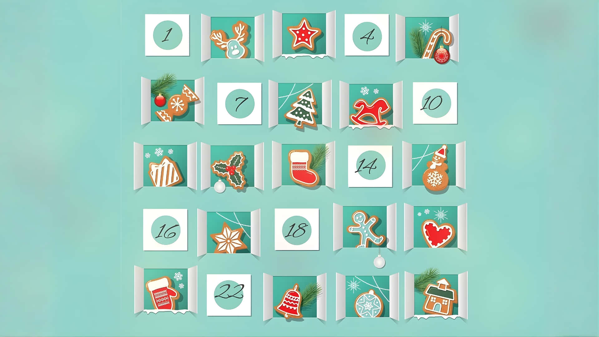 Advent Calendar, Christmas-themed cookie, soft teal background, Full HD Desktop Wallpaper