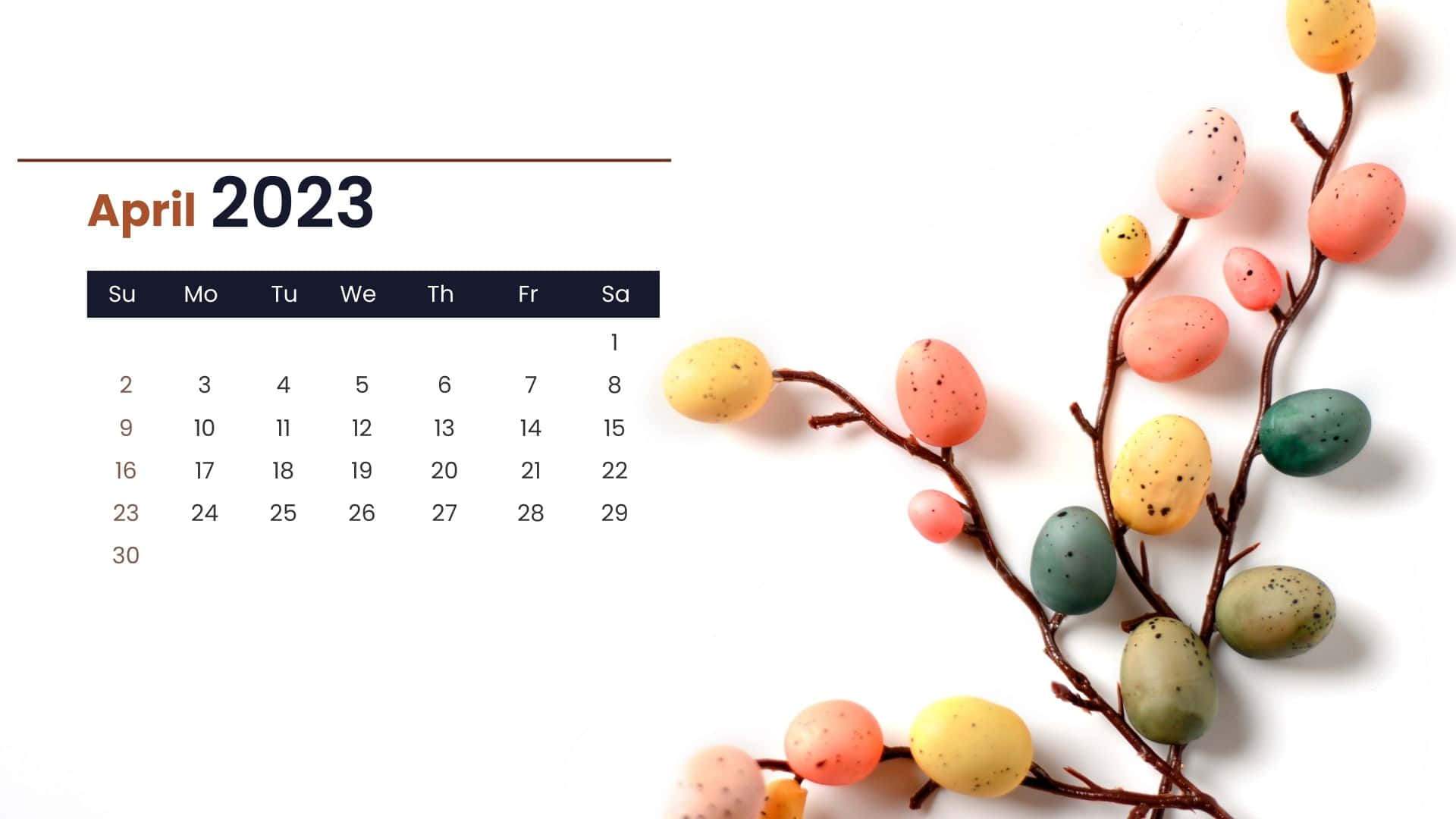 April 2023 calendar, pastel speckled eggs, branches, Full HD Desktop Wallpaper