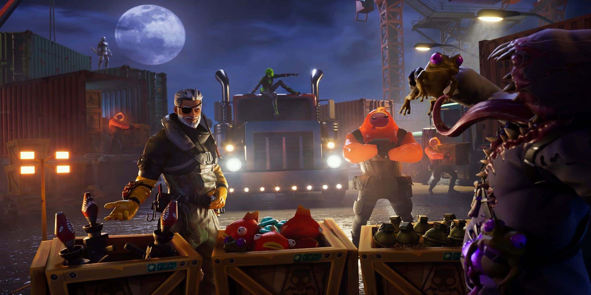 Adventure Game 2048 x 1024, moonlit industrial yard, crates, Full HD Desktop Wallpaper