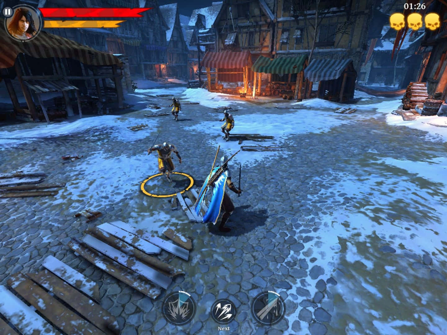 warrior, blue cape, snowy medieval village street, HD Desktop Wallpaper