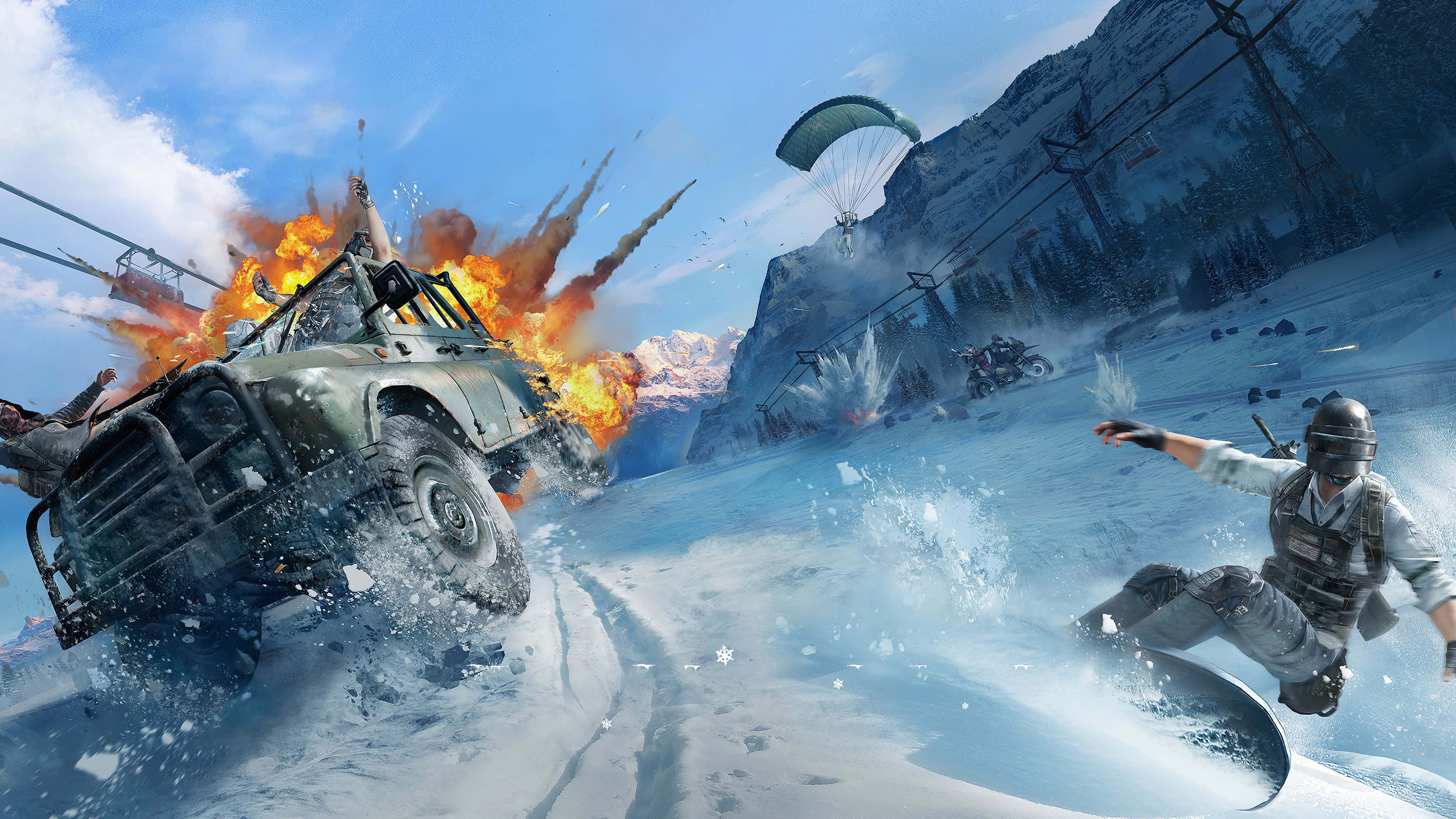 soldier, snowboards, exploding military vehicle, 4K Desktop Wallpaper
