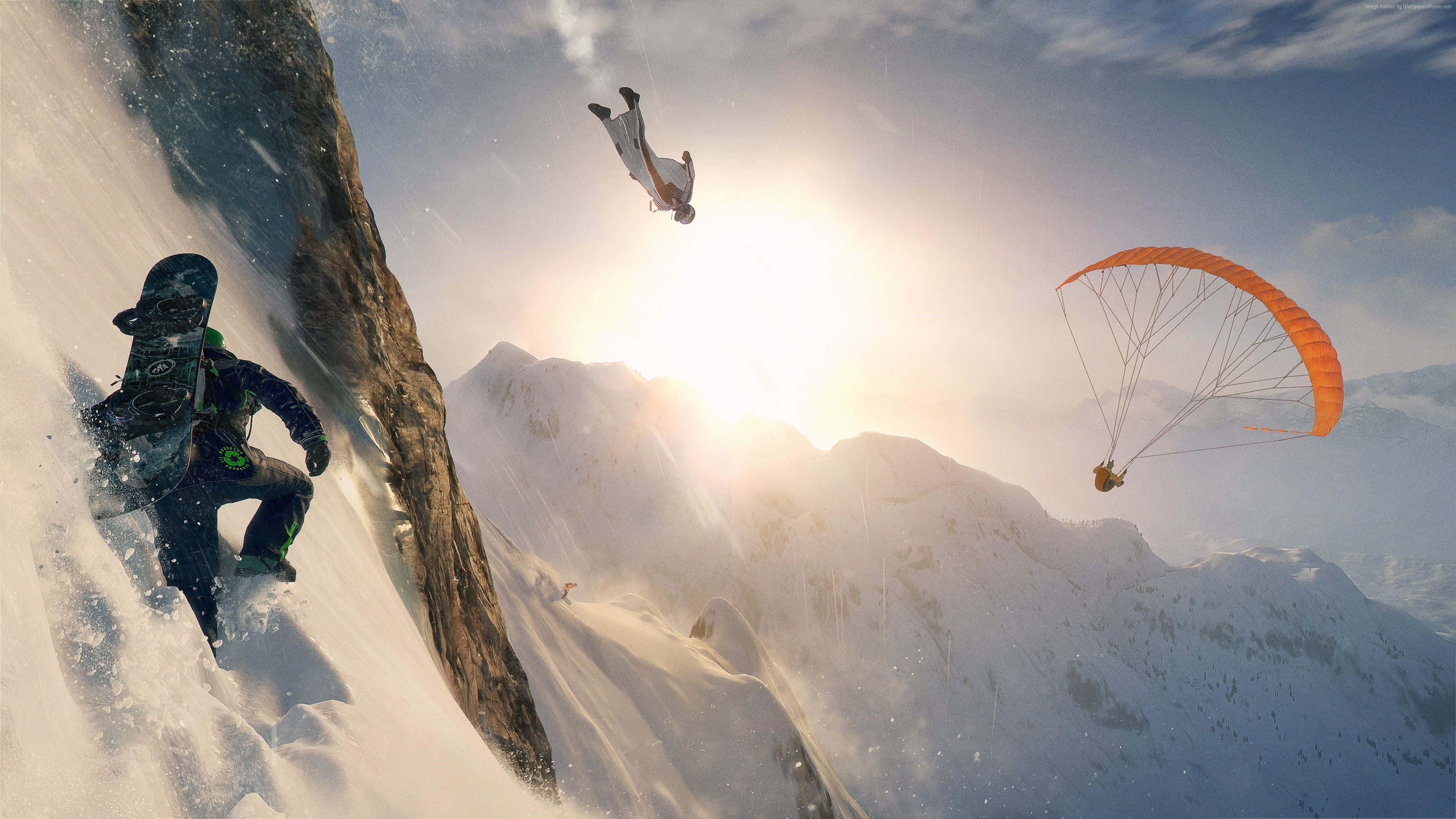 snowboarder, paraglider, snowy cliff, 4K Desktop Wallpaper