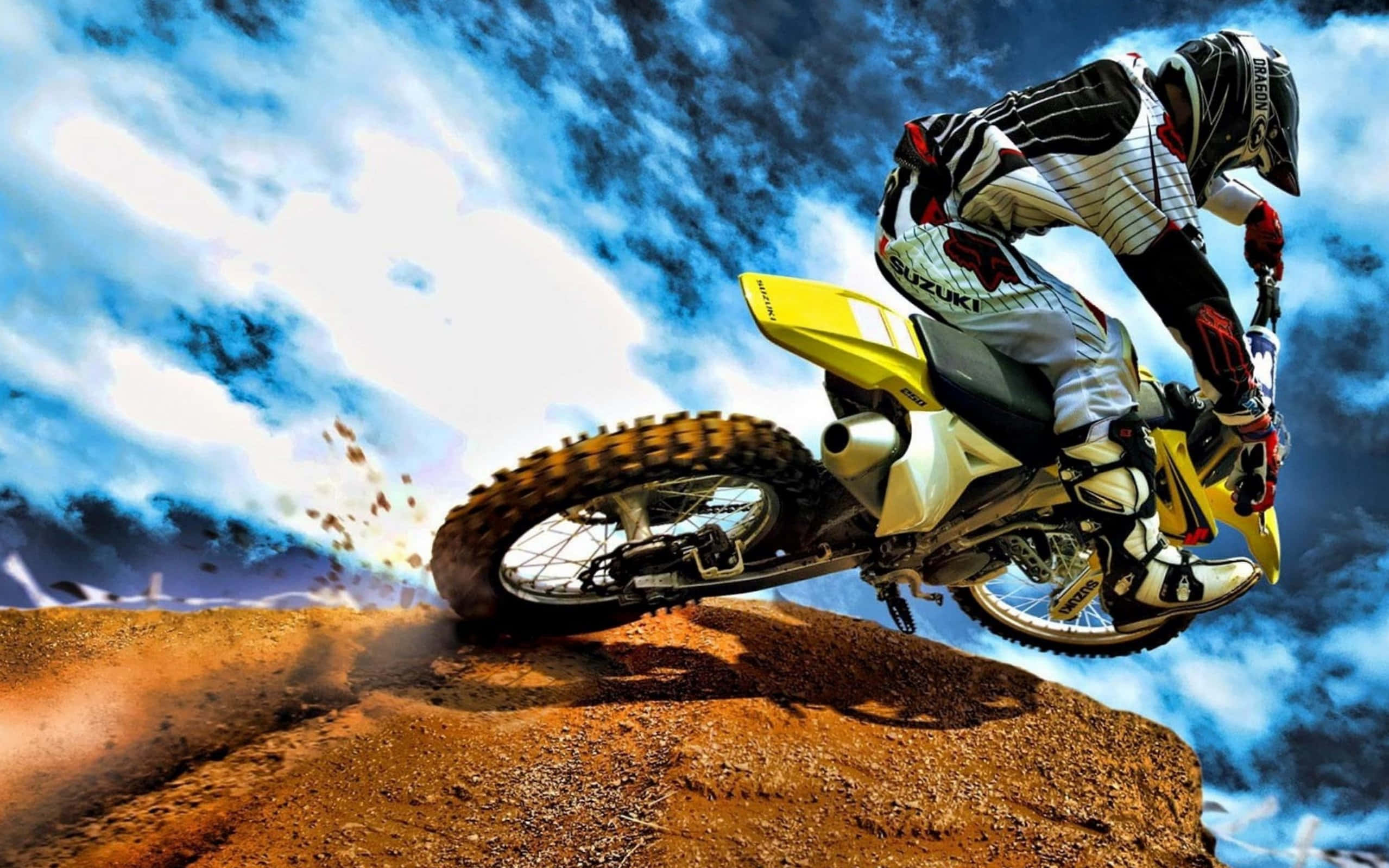 dirt jump, yellow Suzuki bike, motocross rider, Full HD Desktop Wallpaper