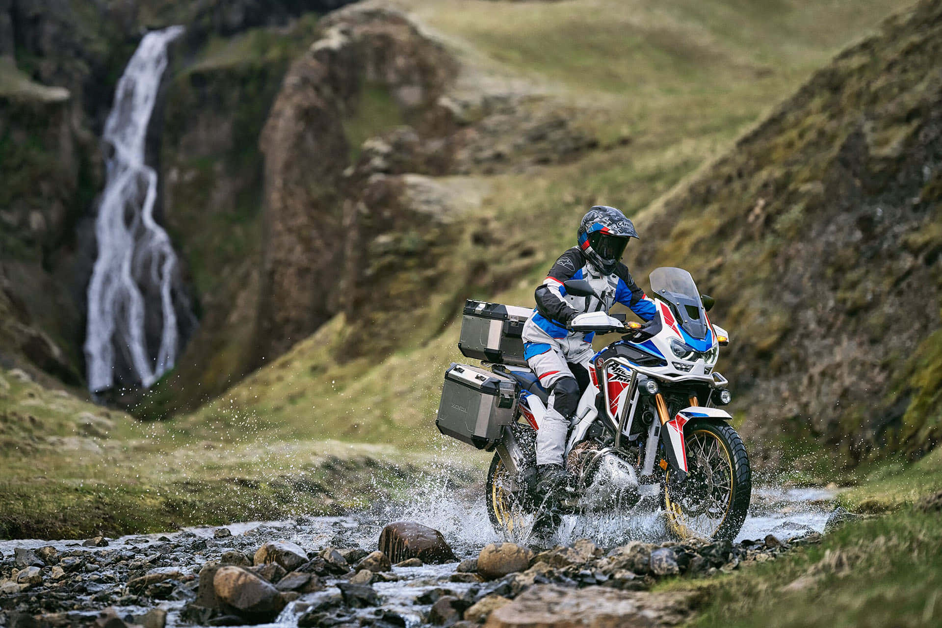 motorcyclist, full gear, rocky stream, Full HD Desktop Wallpaper
