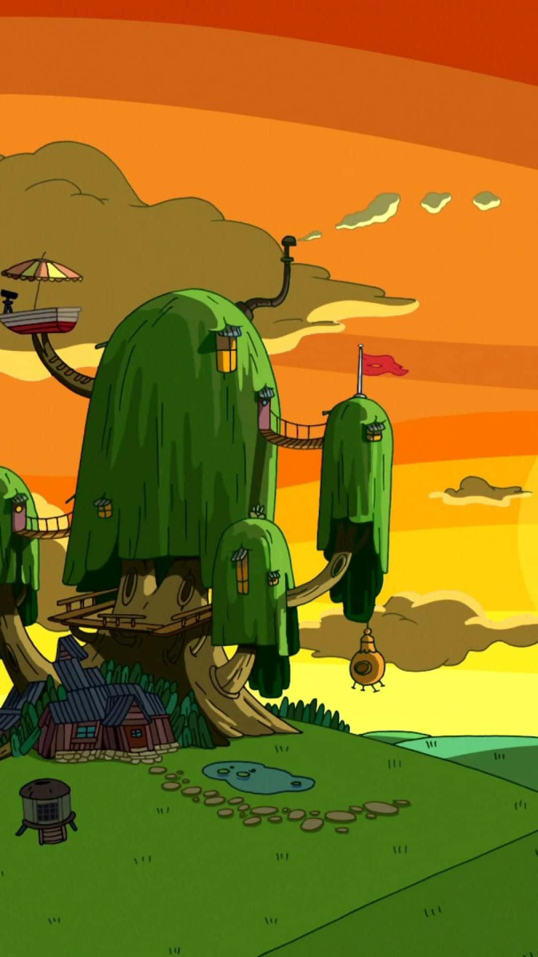 Adventure Time, treehouse village, green canopies, Full HD Phone Wallpaper