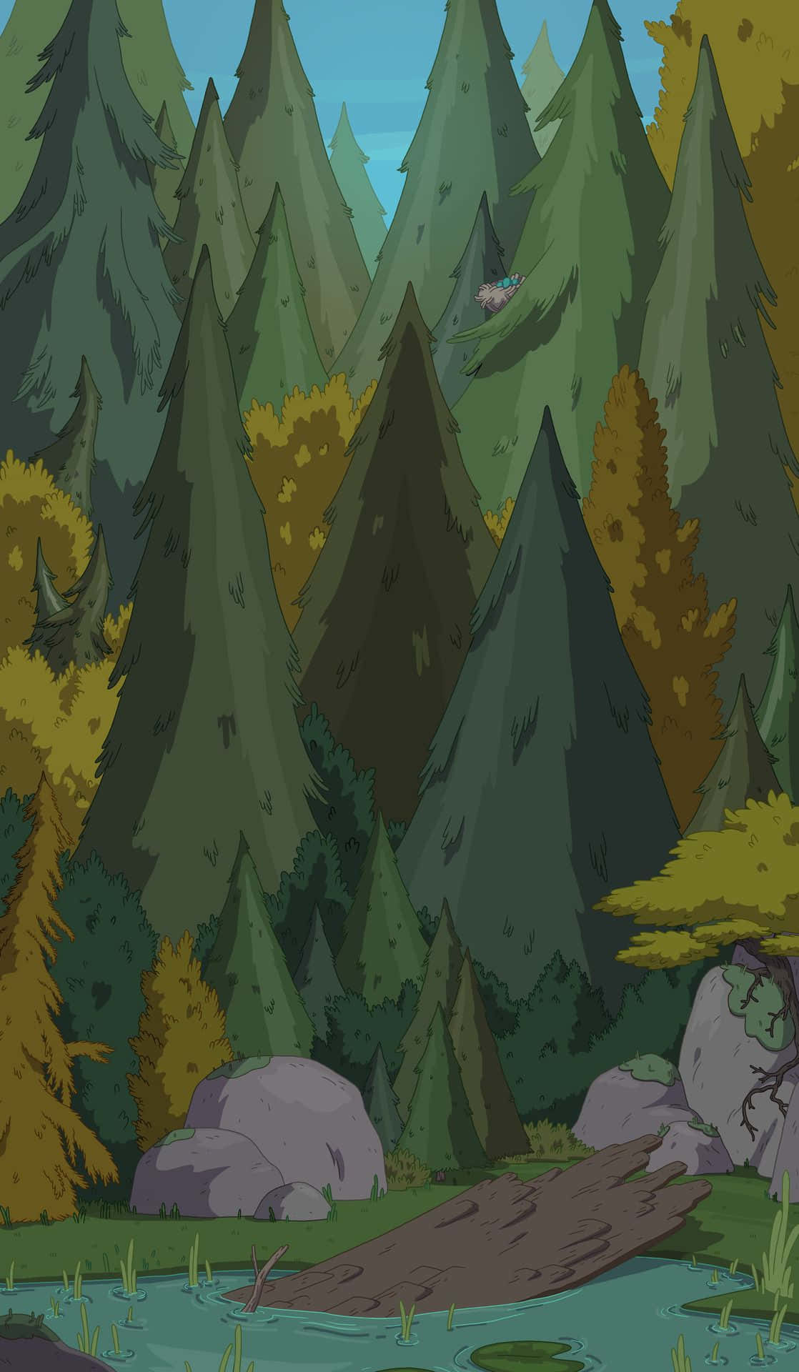 Adventure Time, animated forest, tall green pine trees, Full HD Phone Wallpaper