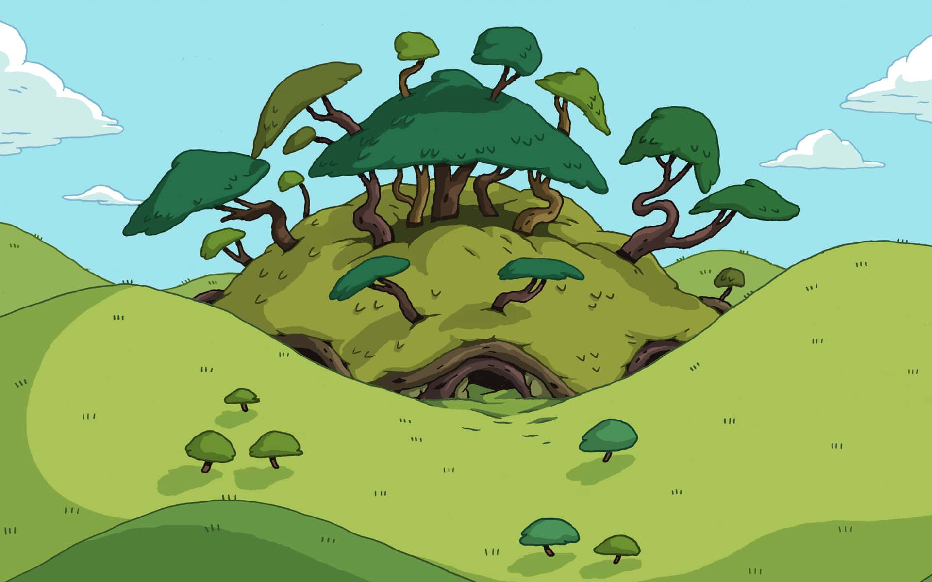 Adventure Time, whimsical cartoon hill, twisted trees, Full HD Desktop Wallpaper