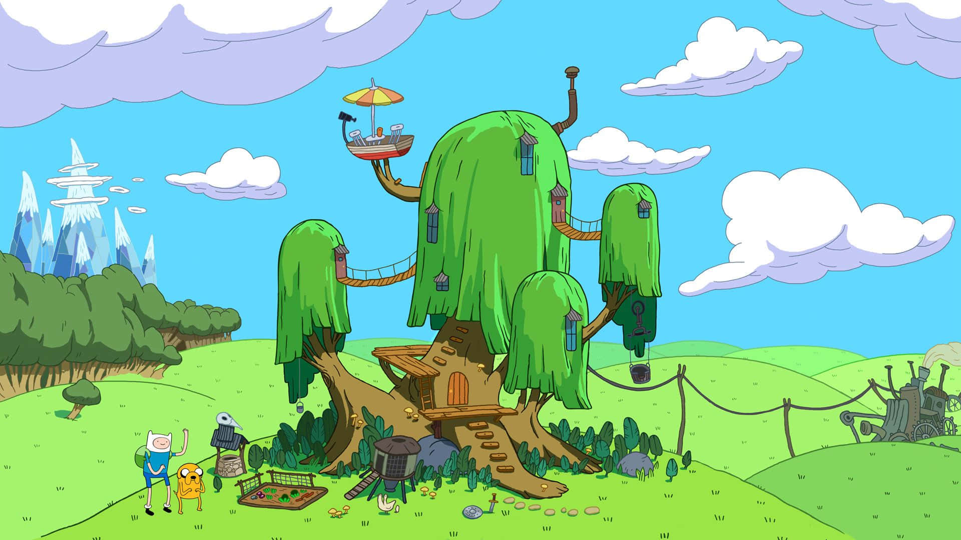 Adventure Time, whimsical cartoon treehouse, boat balcony, Full HD Desktop Wallpaper