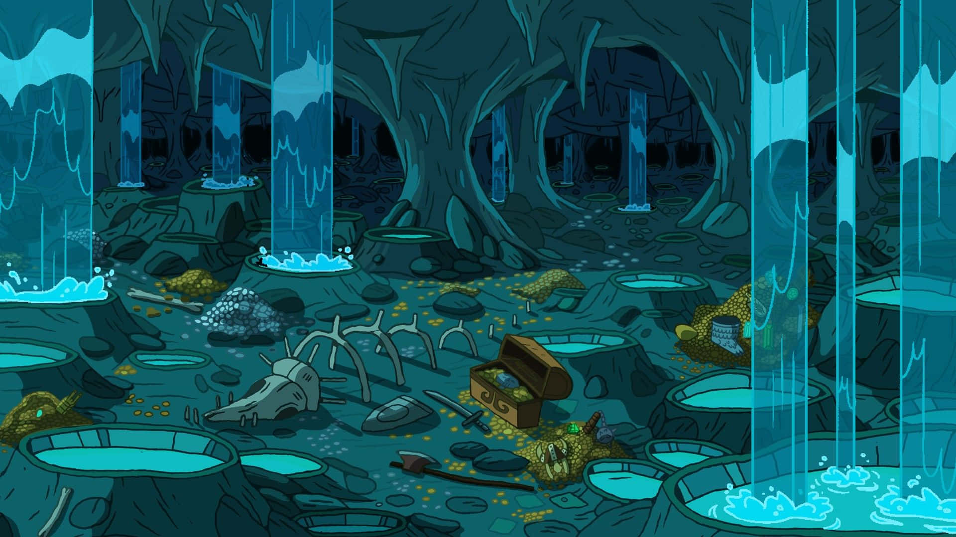 Adventure Time Landscape, glowing blue cavern, crystal stalactites, Full HD Desktop Wallpaper