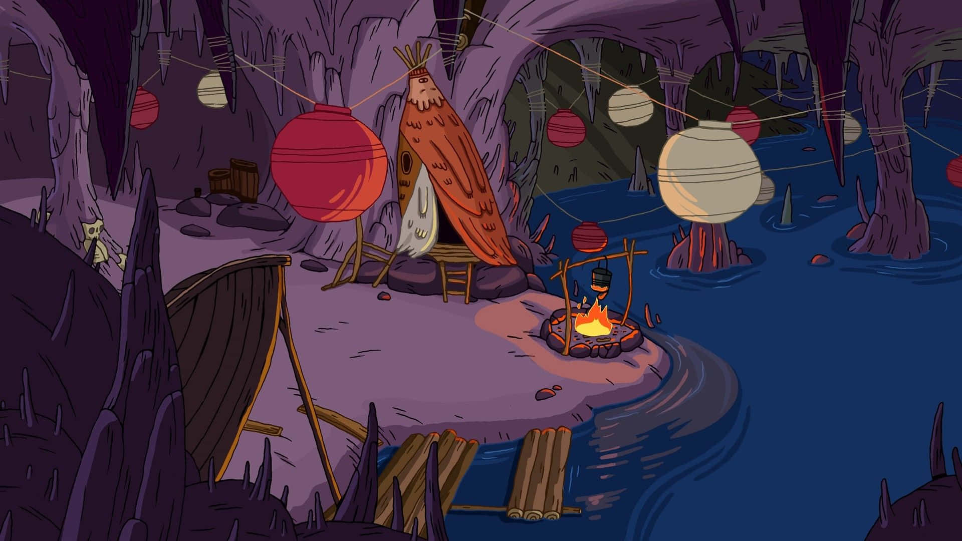 Adventure Time, mystical purple cave, hanging lanterns, Full HD Desktop Wallpaper