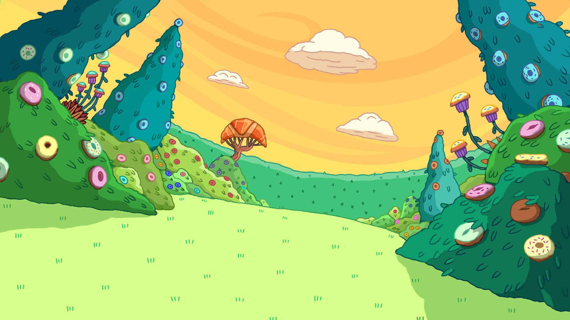 Adventure Time Landscape, candy-colored hills, donut trees, Full HD Desktop Wallpaper