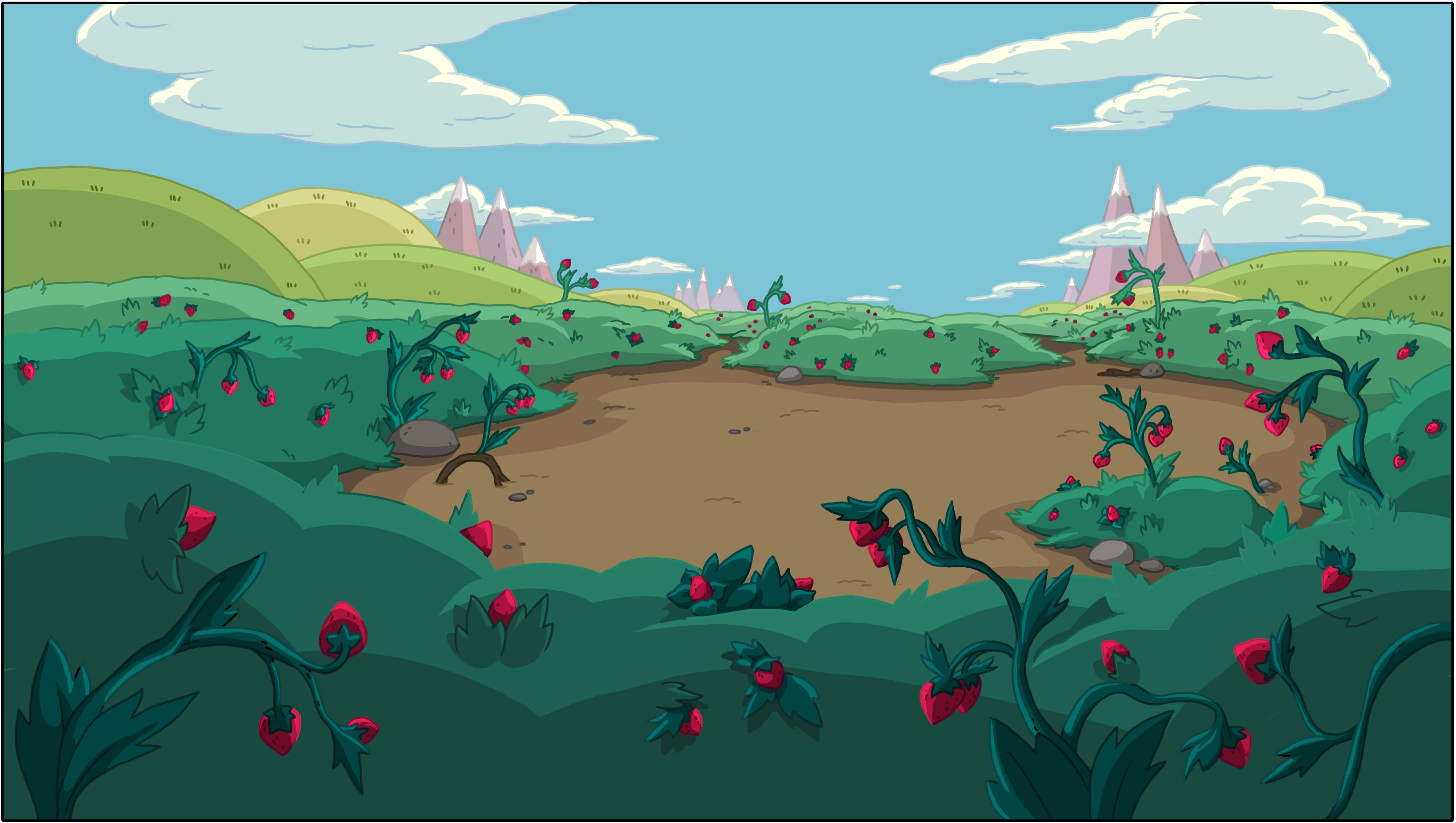 Adventure Time Landscape, green hills, red berries, 4K Desktop Wallpaper