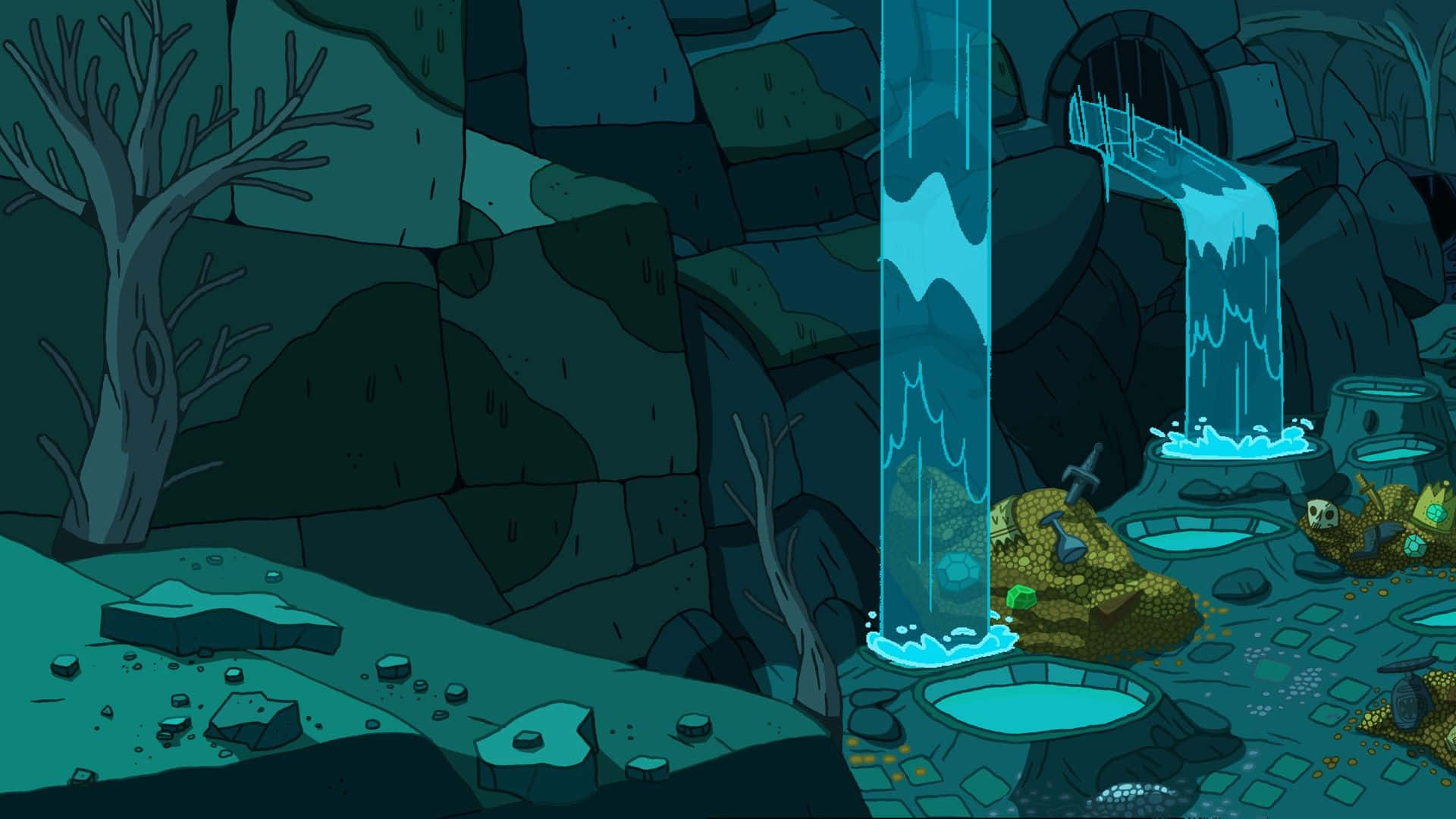 Adventure Time, dark teal, glowing waterfalls, Full HD Desktop Wallpaper