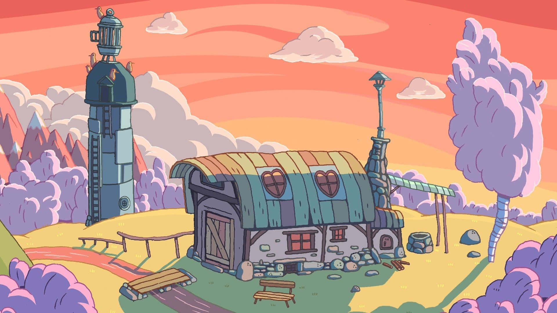 Adventure Time Landscape, whimsical cartoon cottage, heart-shaped windows, Full HD Desktop Wallpaper