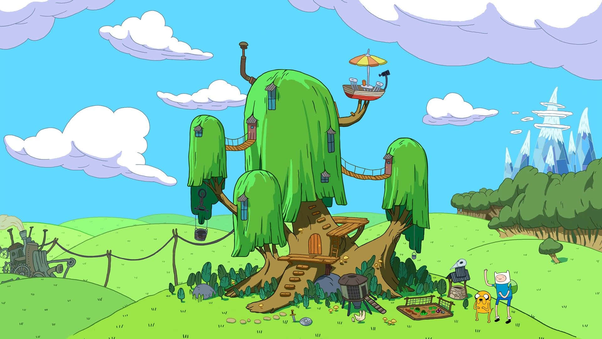Adventure Time, whimsical treehouse village, hanging houses, Full HD Desktop Wallpaper