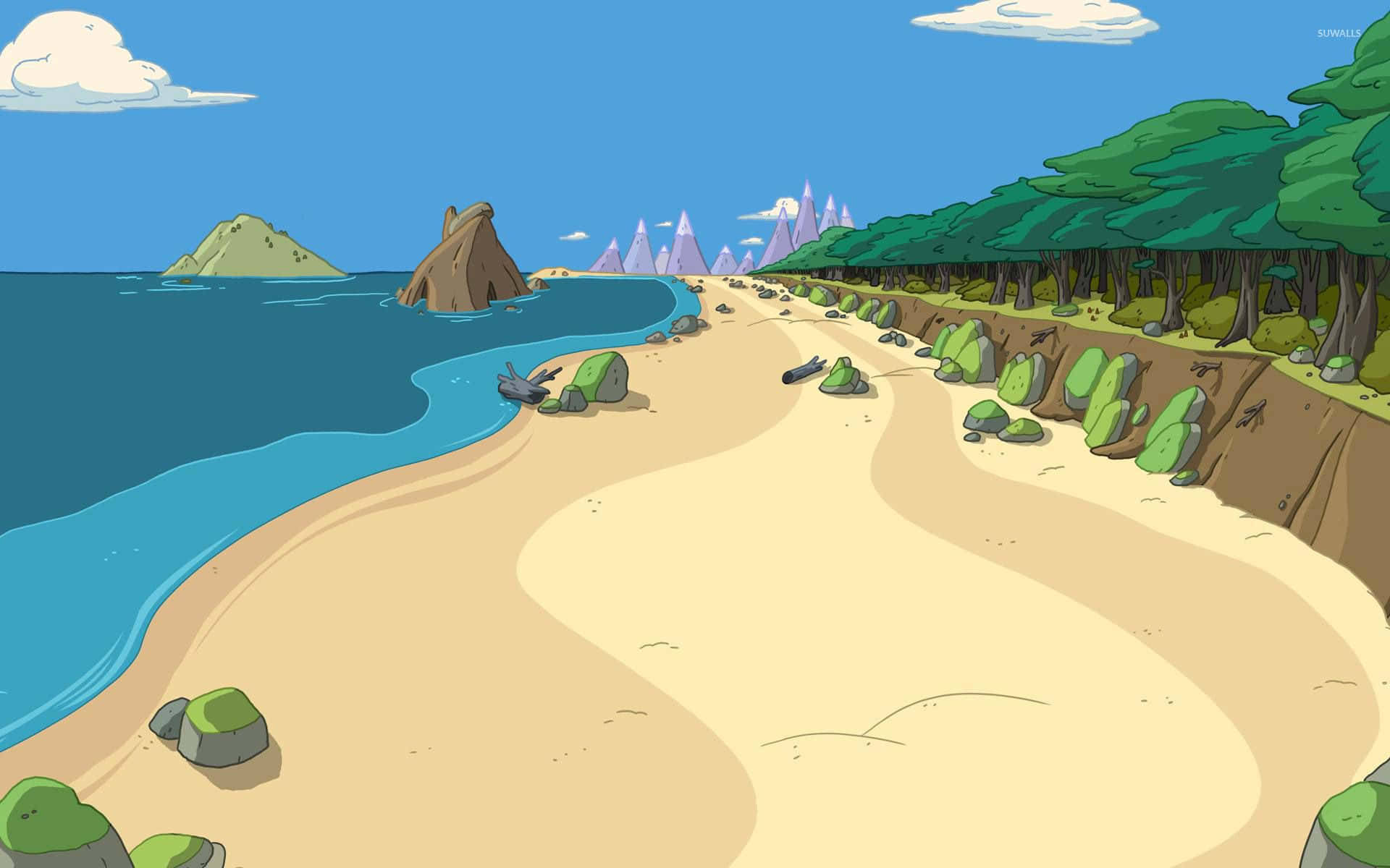 Adventure Time Landscape, cartoon beach scene, sandy shores, Full HD Desktop Wallpaper