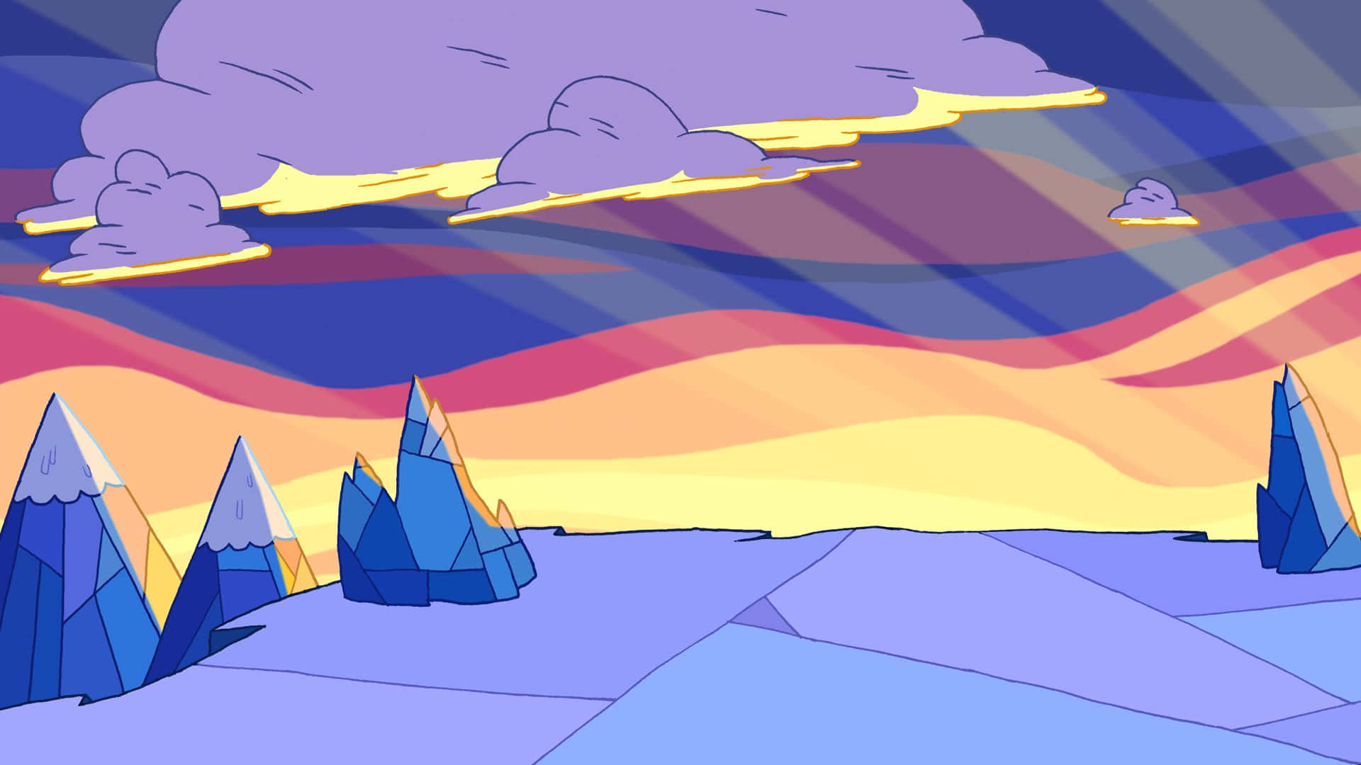 Adventure Time, jagged blue crystal mountains, vibrant sunset sky, Full HD Desktop Wallpaper