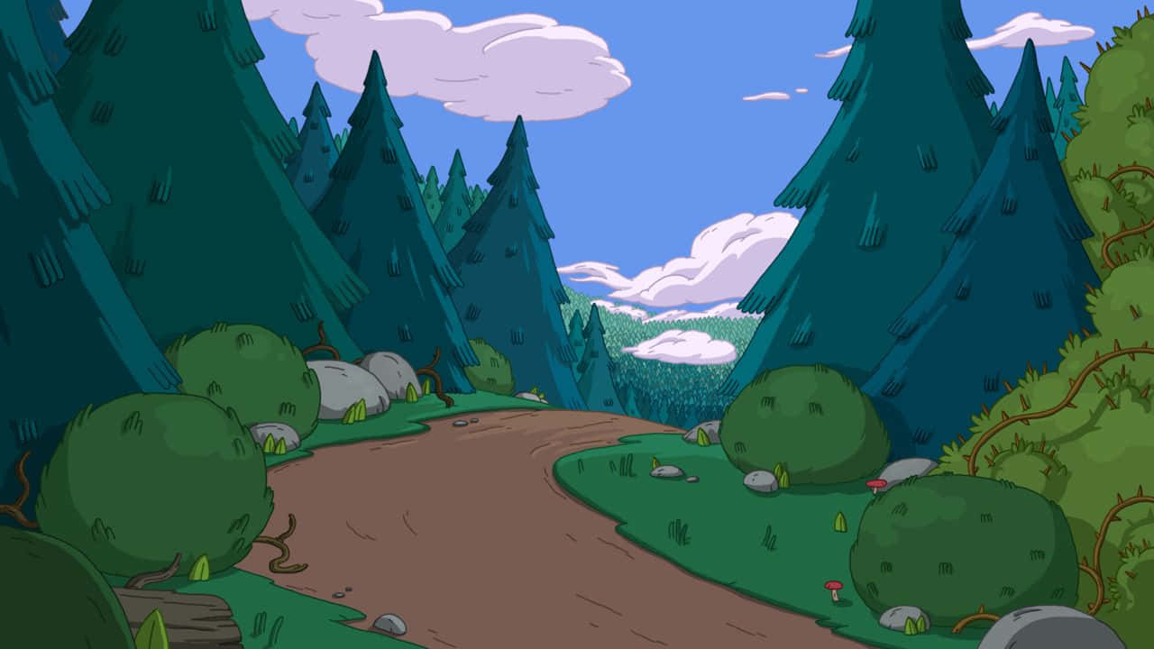 Adventure Time Landscape, cartoon forest, dirt path, HD Desktop Wallpaper