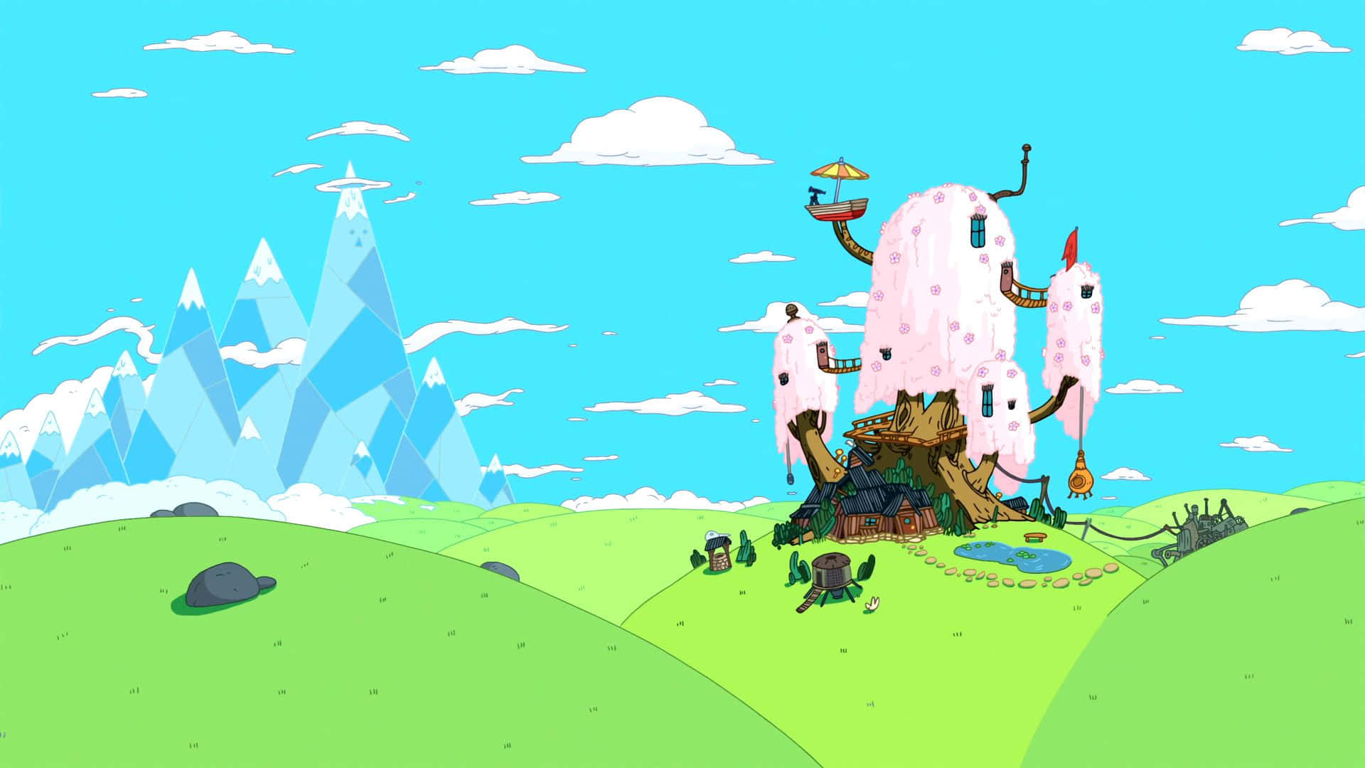Adventure Time, pink candy house, tree stump, Full HD Desktop Wallpaper
