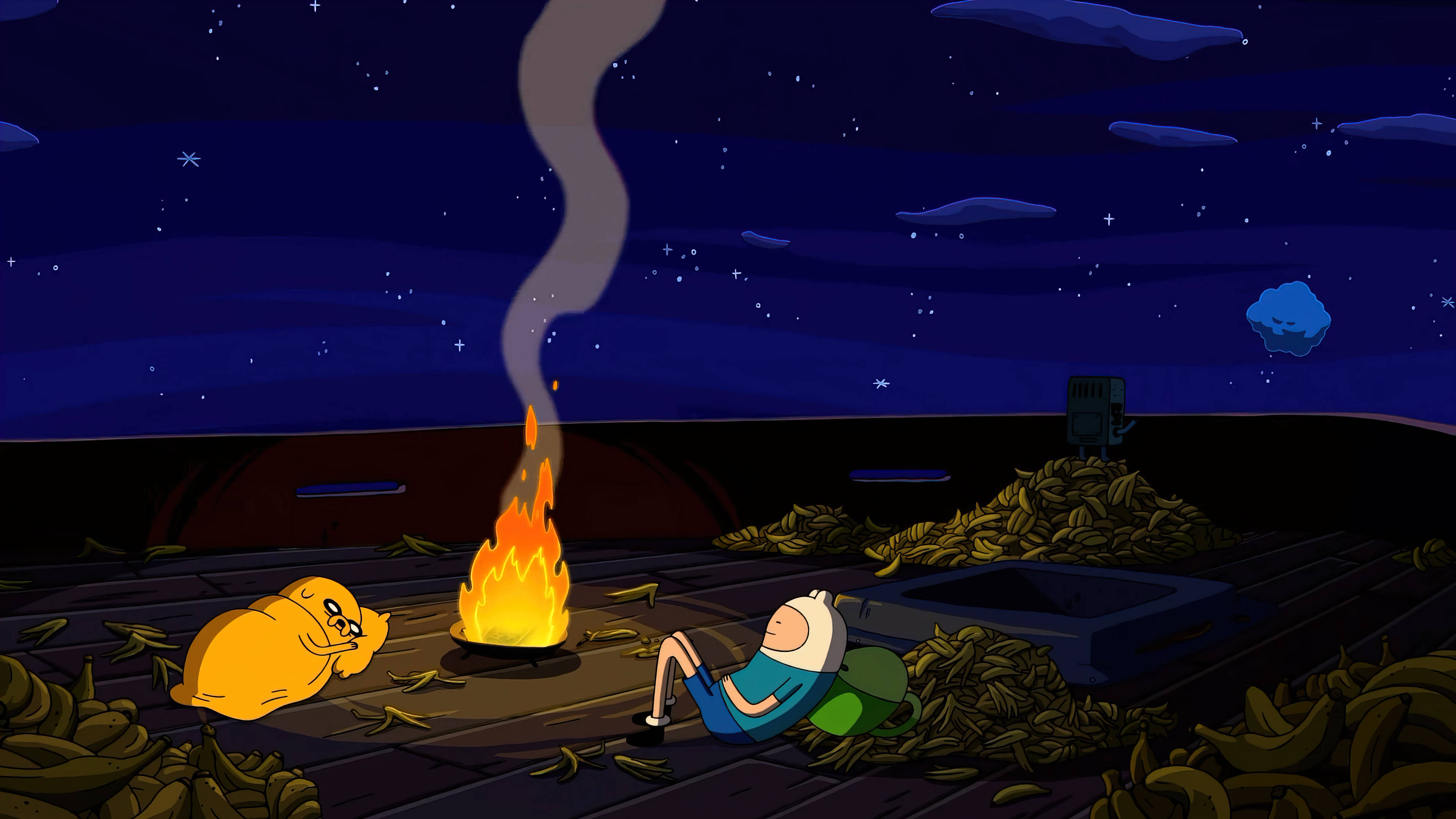 Adventure Time, bananas on ship, campfire, 4K Desktop Wallpaper