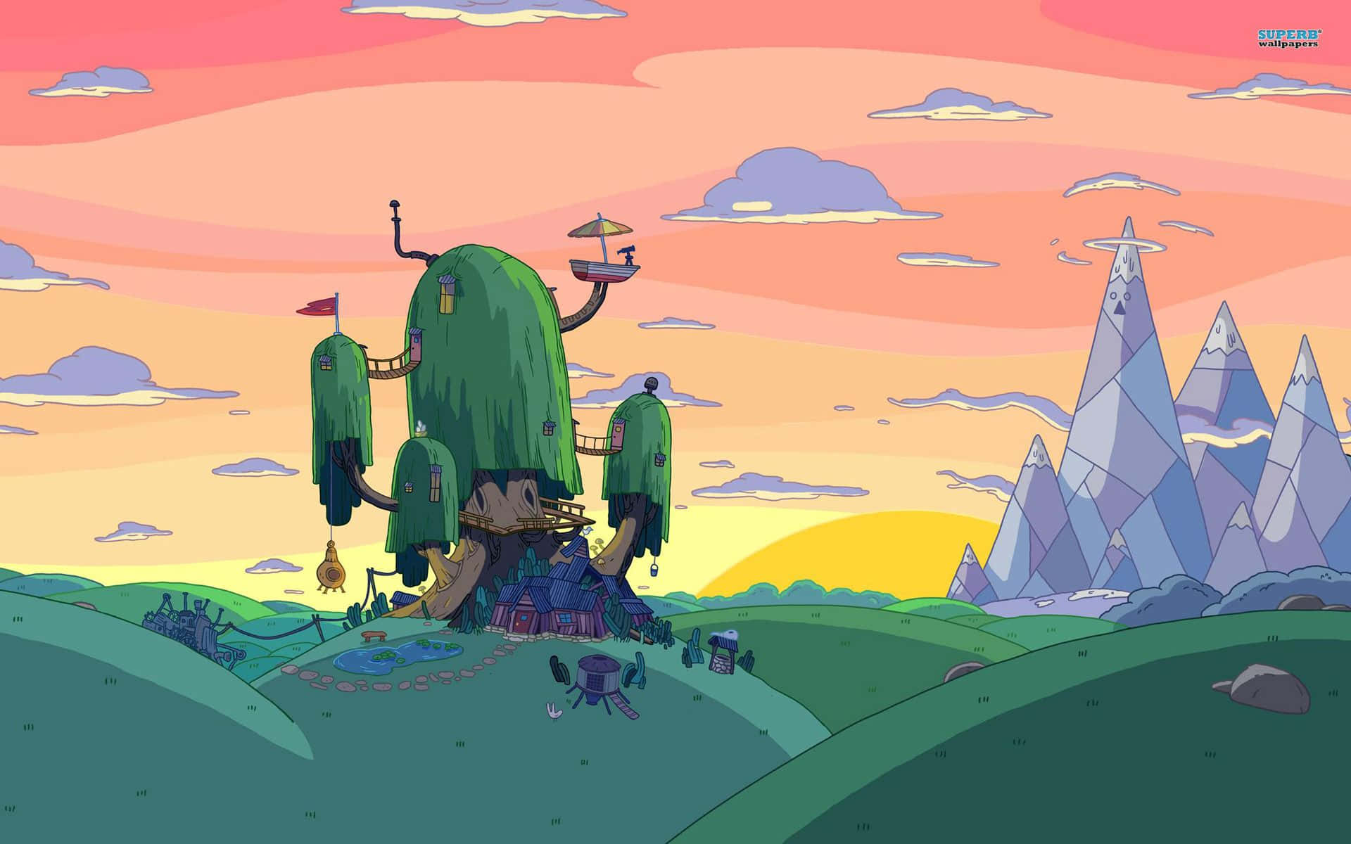 Adventure Time, treehouse village, sunset, Full HD Desktop Wallpaper