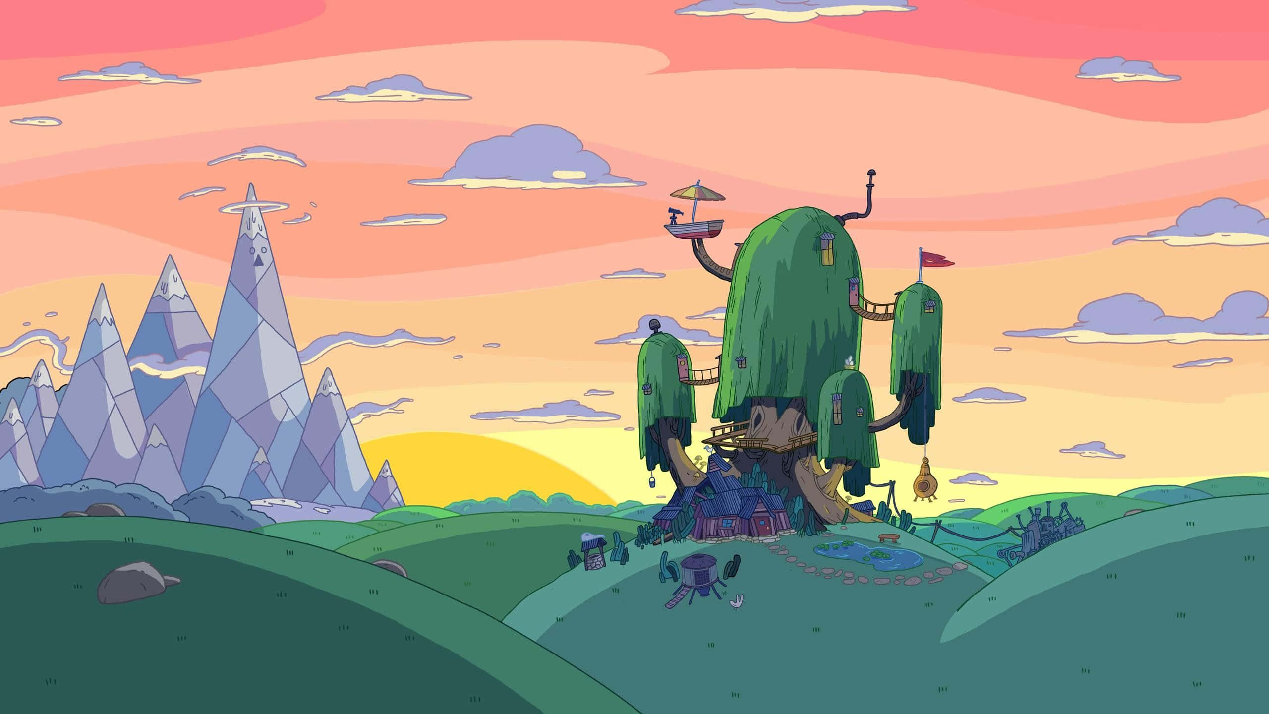 Adventure Time, treehouse village, green hill, 2K Desktop Wallpaper