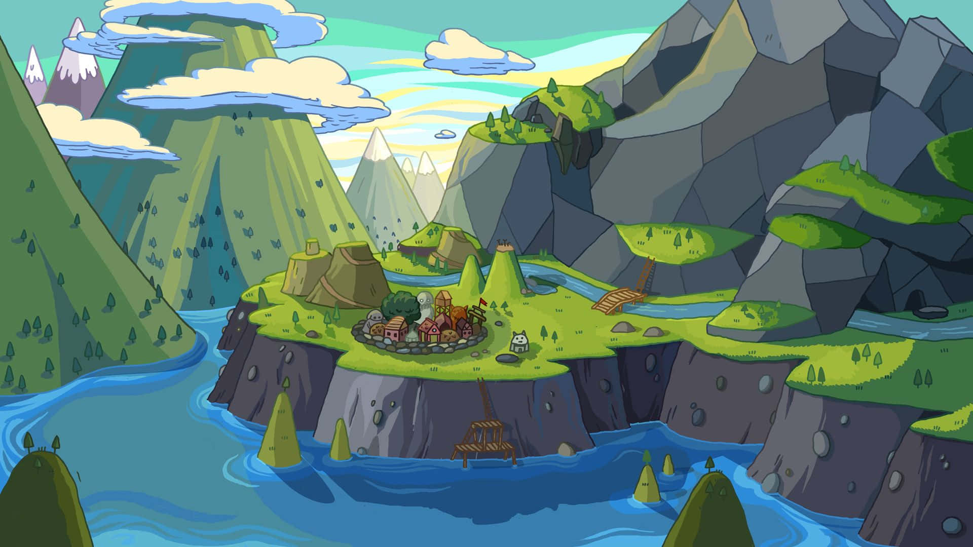 Adventure Time, vibrant cartoon village, cliffside, Full HD Desktop Wallpaper