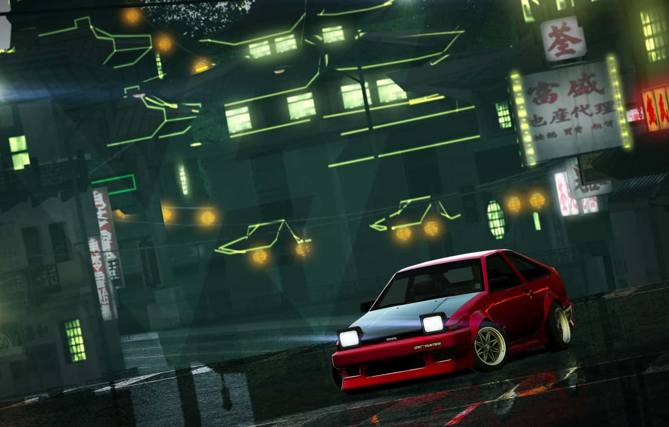 AE86, red and blue, neon-drenched rainy night, HD Desktop Wallpaper
