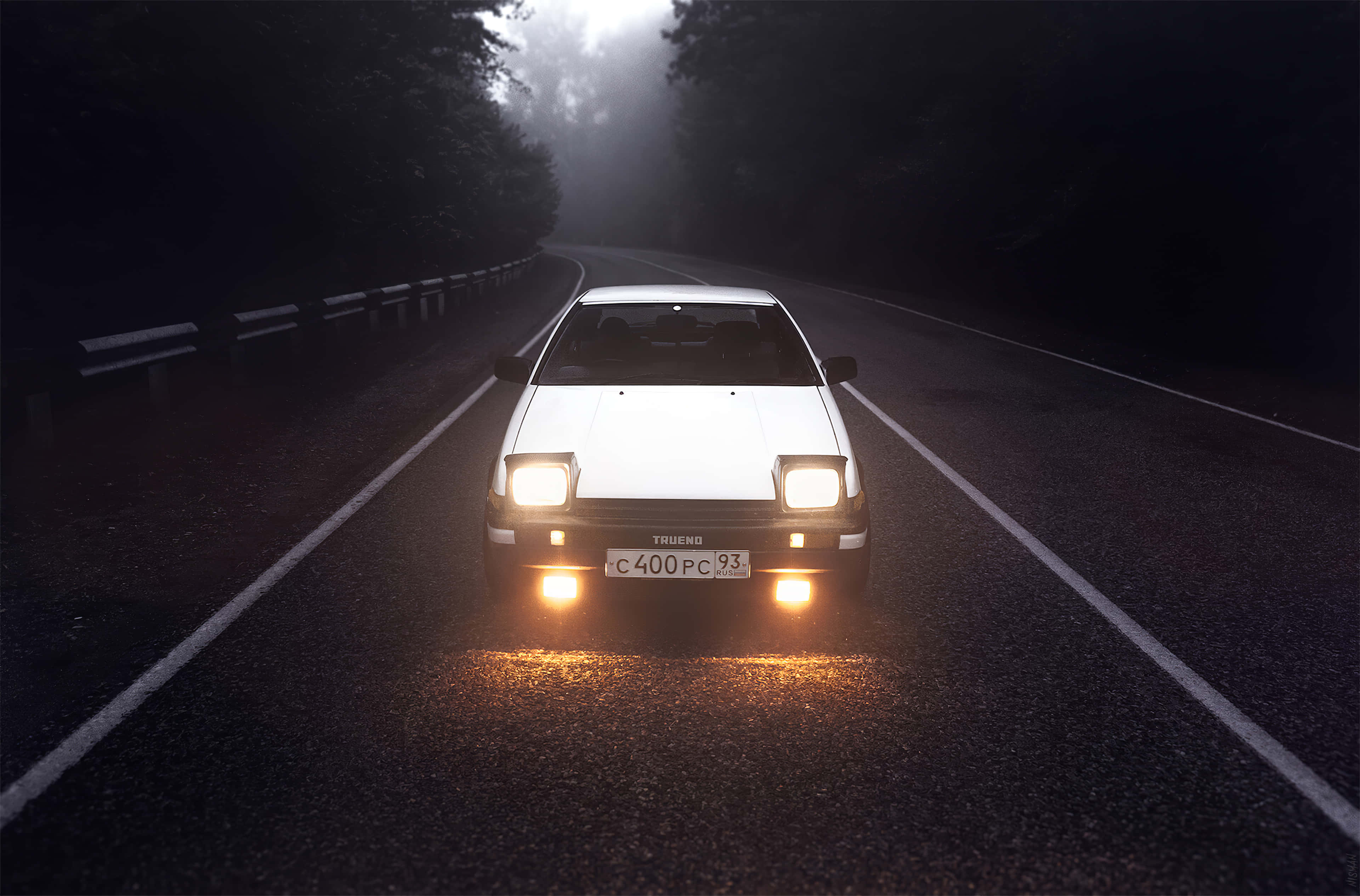 AE86, white, foggy forest road, 4K Desktop Wallpaper