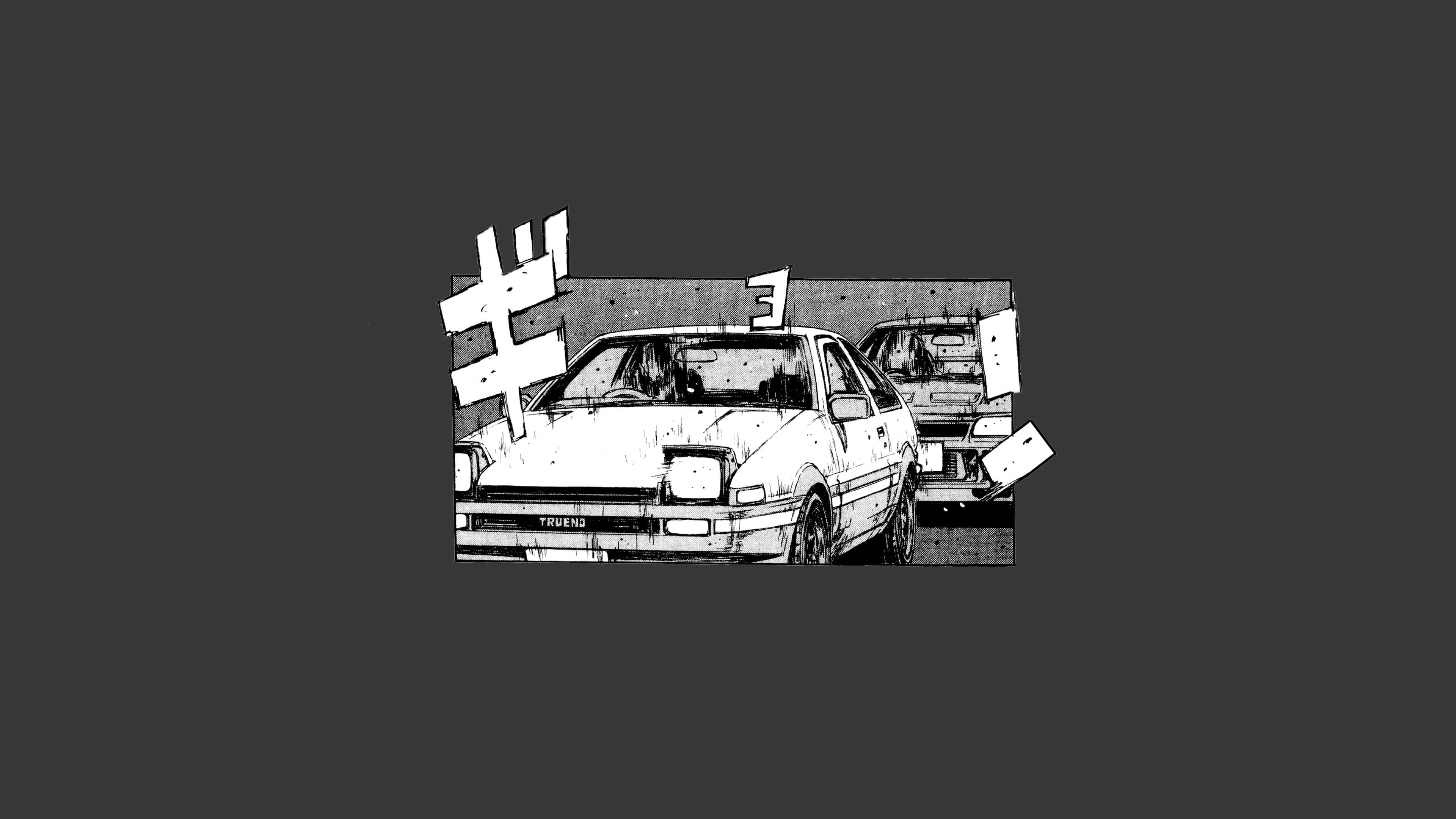 AE86, manga-style illustration, black and white, 4K Desktop Wallpaper