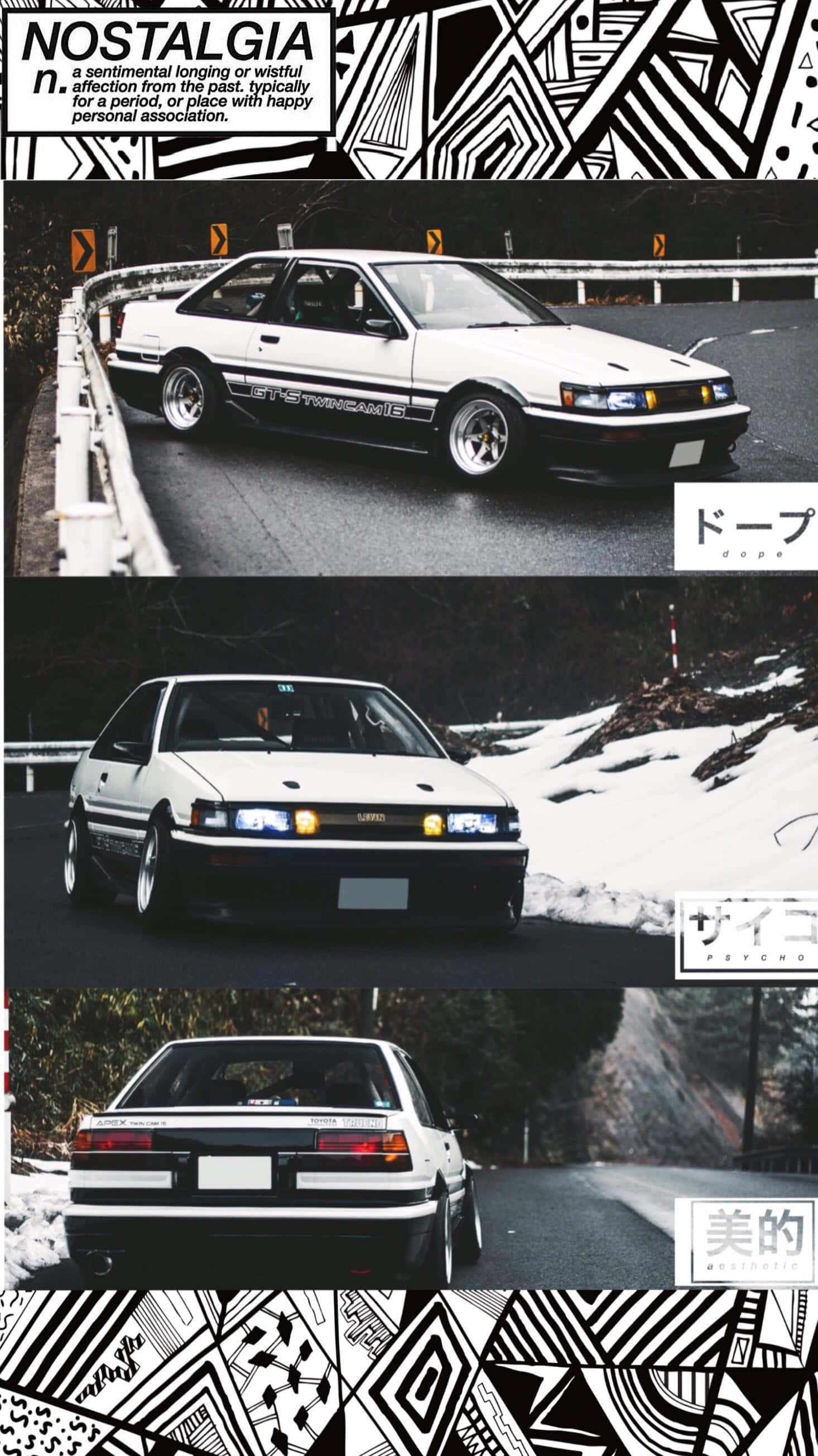 AE86, white classic sports car, snowy mountain road, 2K Phone Wallpaper