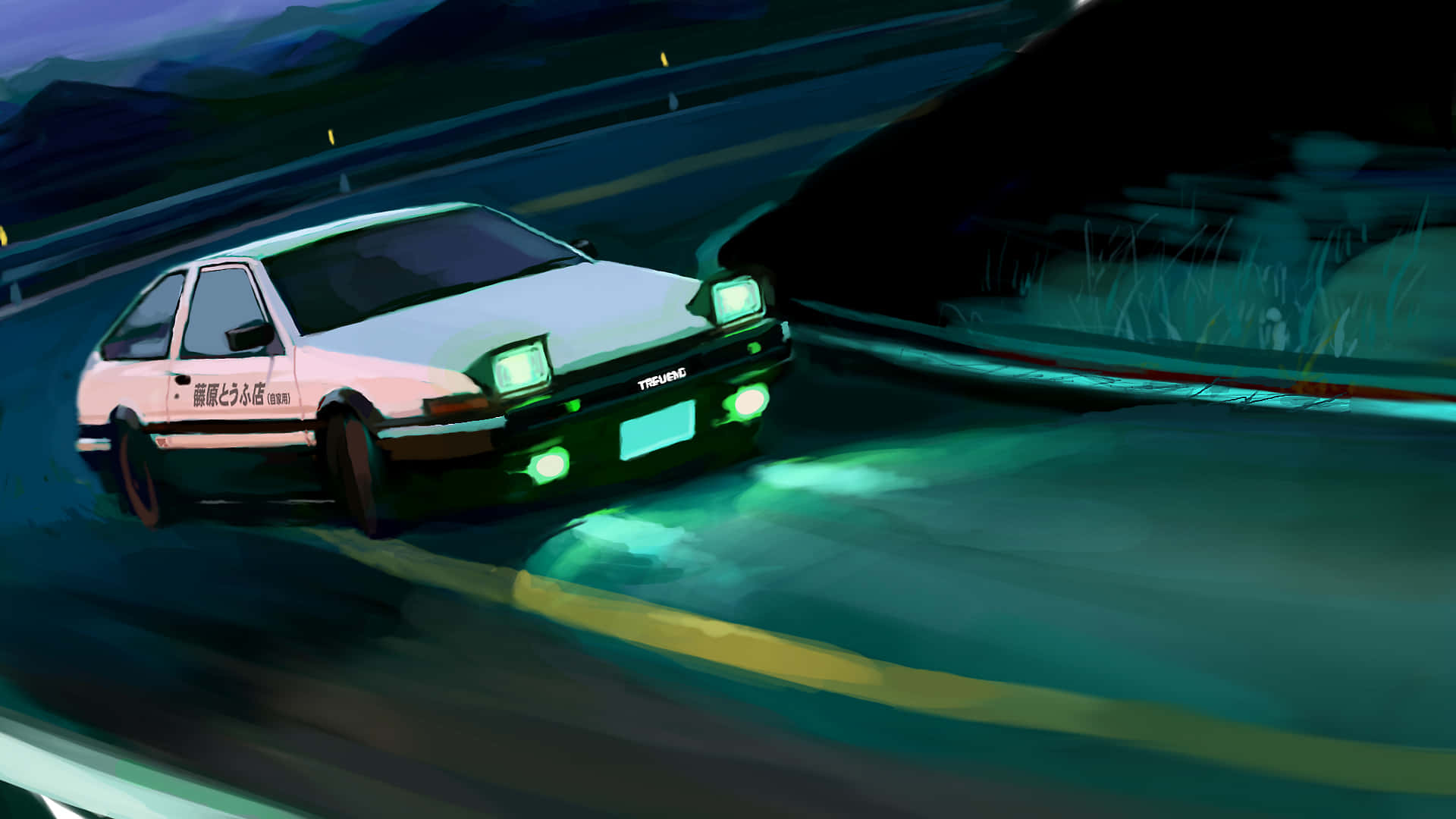 AE86, white, glowing green headlights, Full HD Desktop Wallpaper