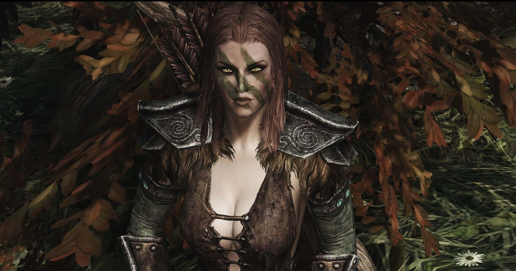 Aela The Huntress, green face paint, feathered armor, HD Desktop Wallpaper