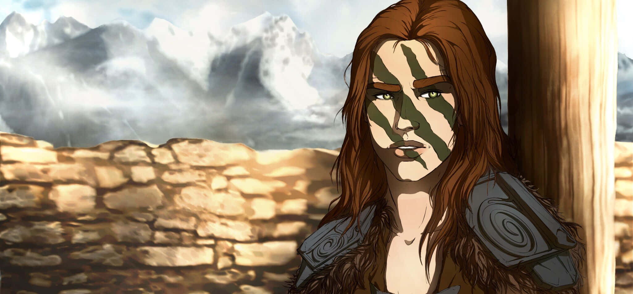 Aela The Huntress, green face paint, stone wall, Full HD Desktop Wallpaper