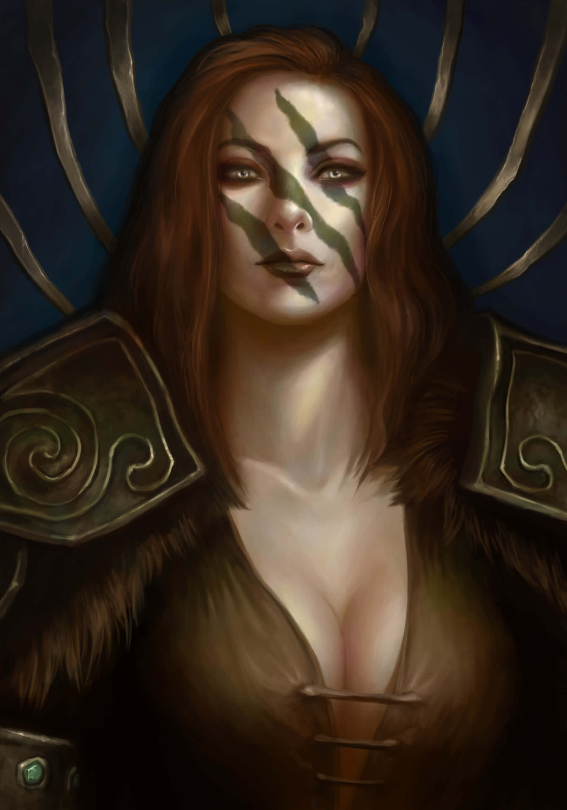 Aela The Huntress, leaf-patterned face paint, ornate armor, 2K Phone Wallpaper