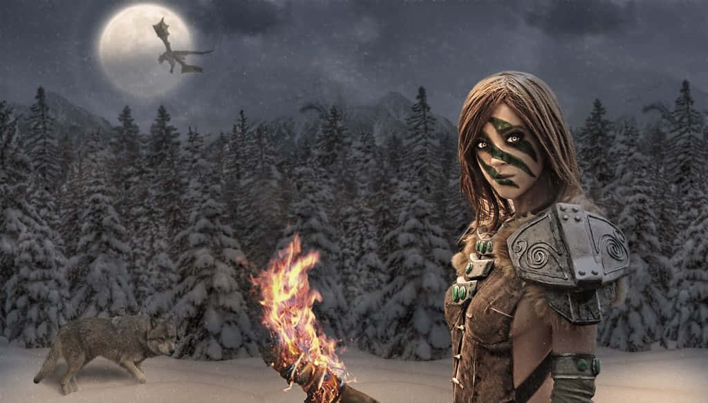 Aela the Huntress, Companions, snowy forest, SD Desktop Wallpaper